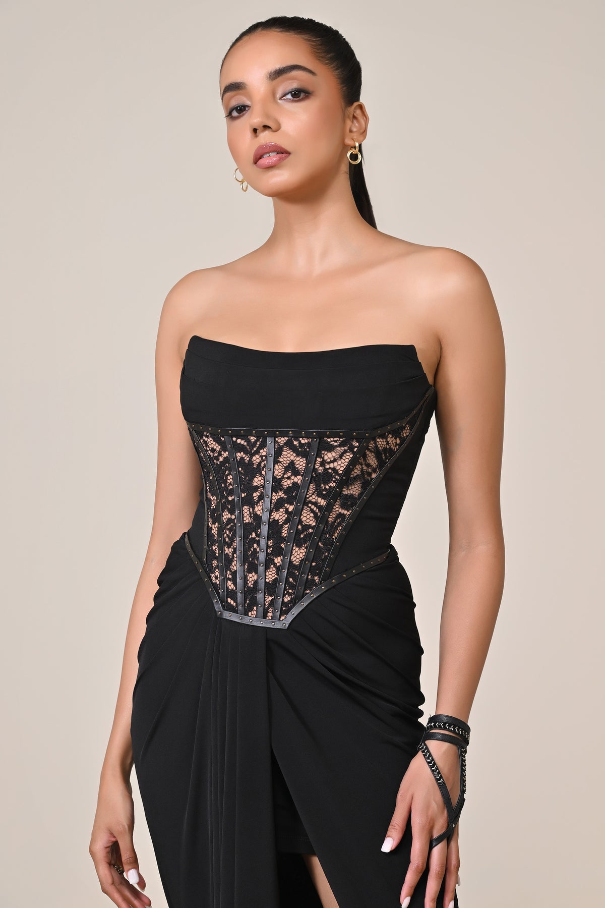 Black Faux Leather Corset Saree Dress