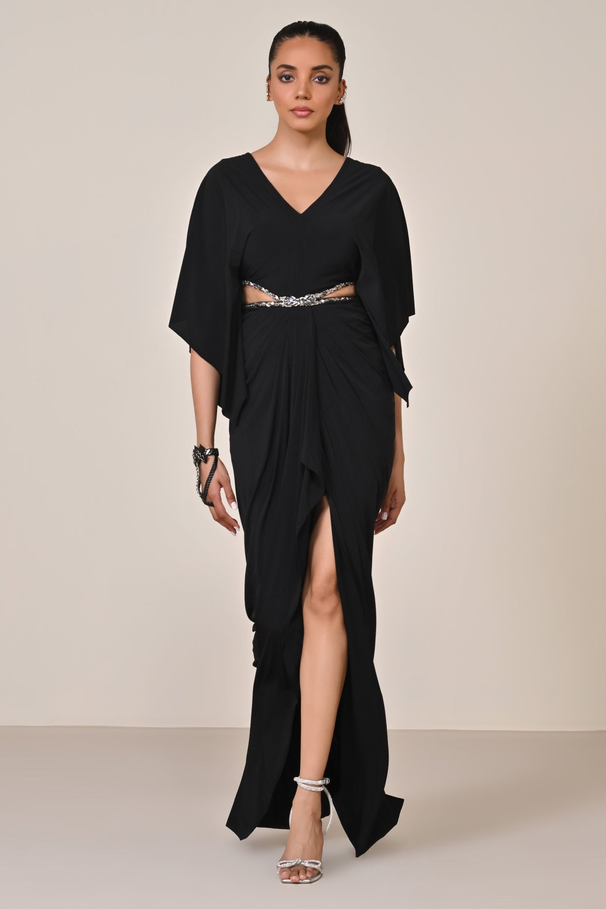 Black Draped Gown with Waist Cut-Out