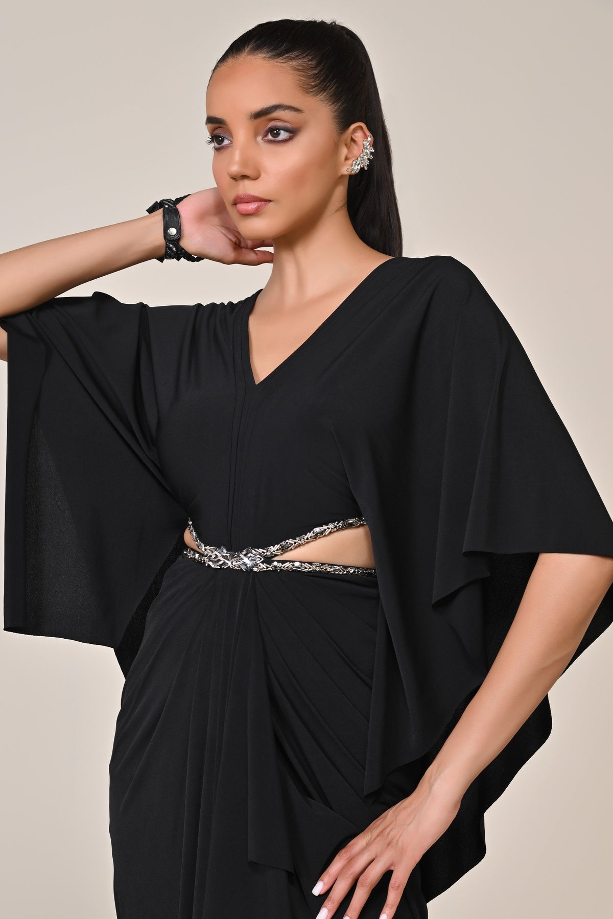 Black Draped Gown with Waist Cut-Out