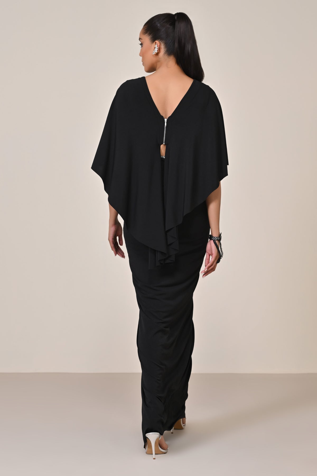 Black Draped Gown with Waist Cut-Out