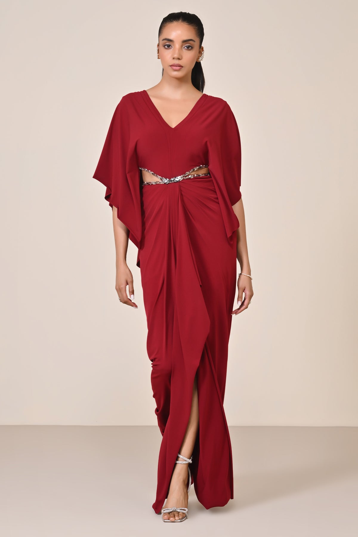 Cherry Draped Gown with Waist Cut-Out