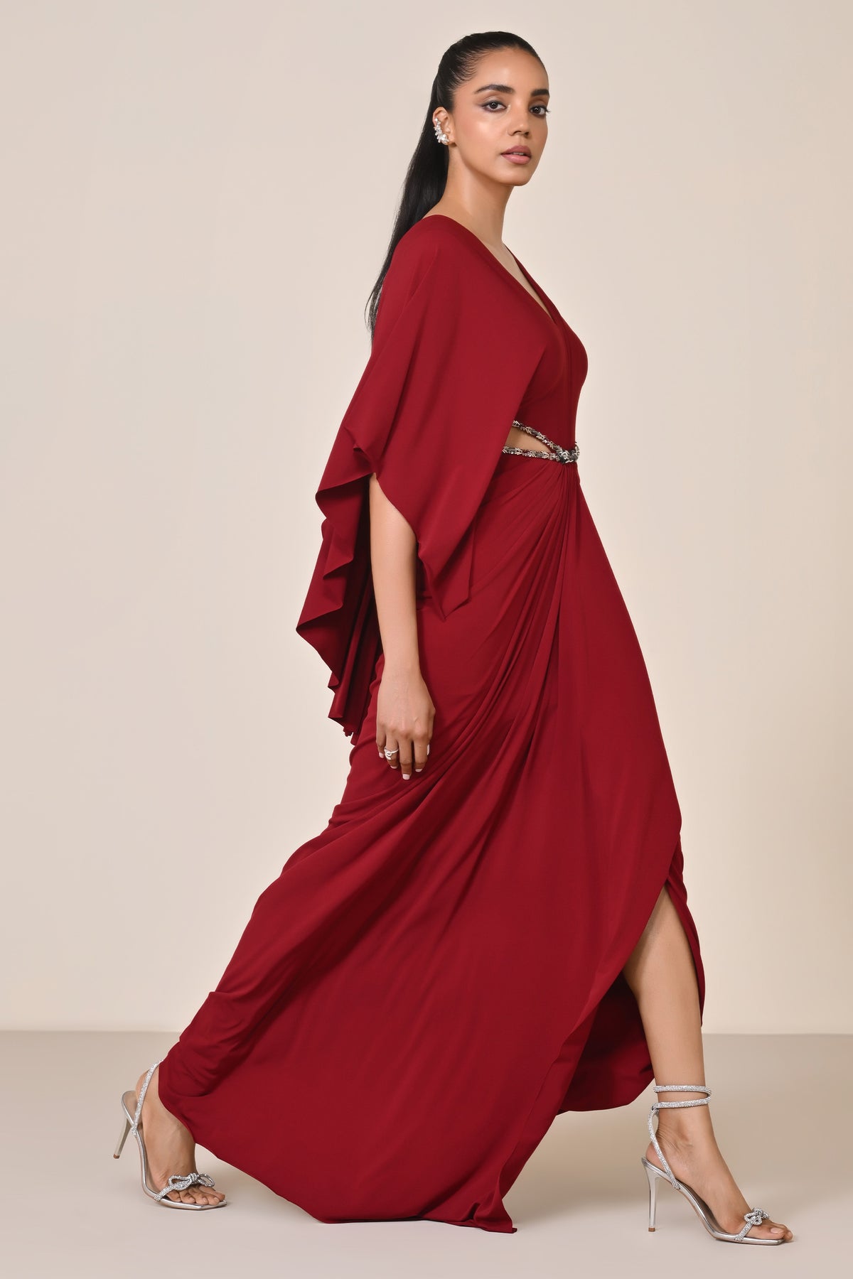 Cherry Draped Gown with Waist Cut-Out