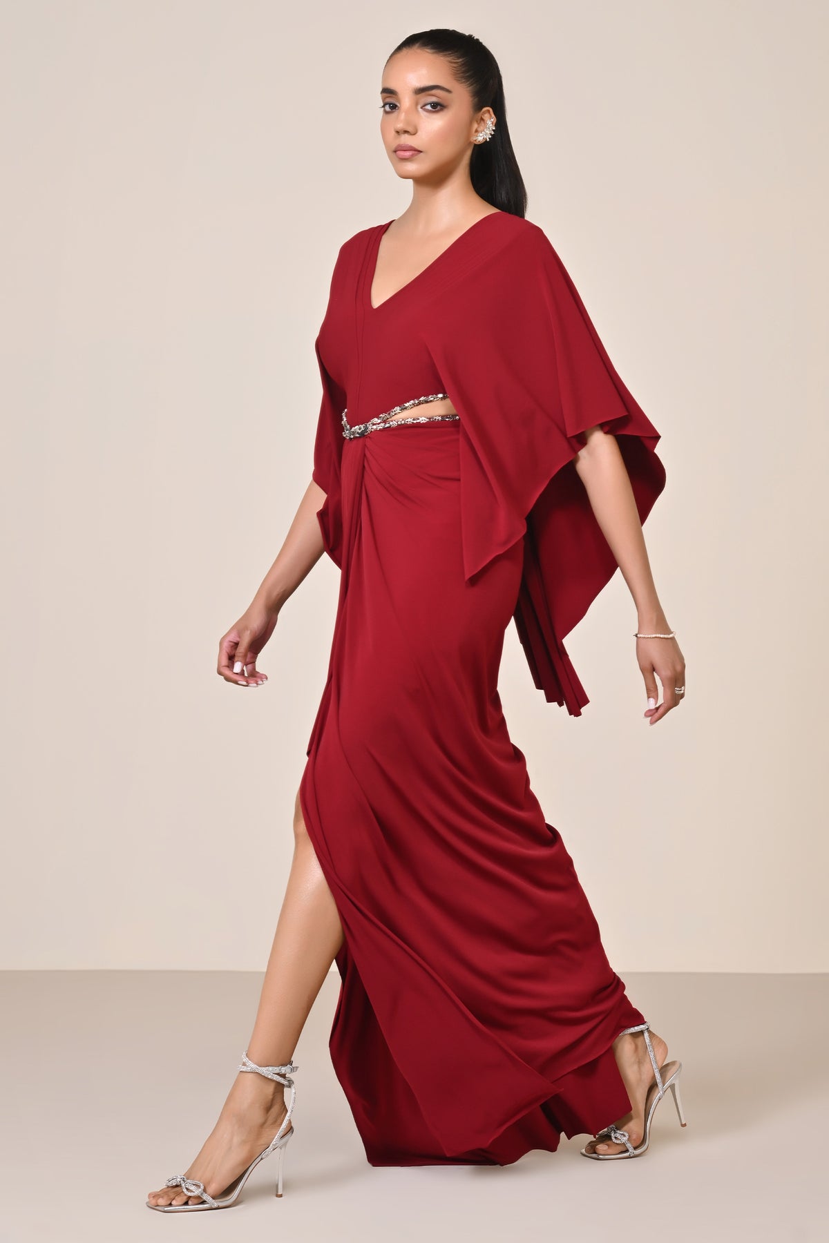 Cherry Draped Gown with Waist Cut-Out