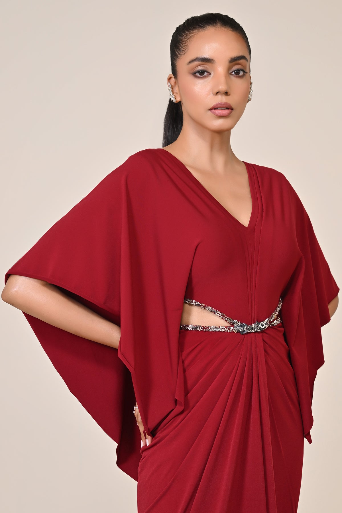 Cherry Draped Gown with Waist Cut-Out