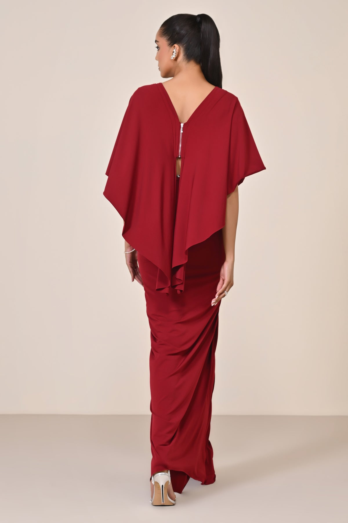 Cherry Draped Gown with Waist Cut-Out