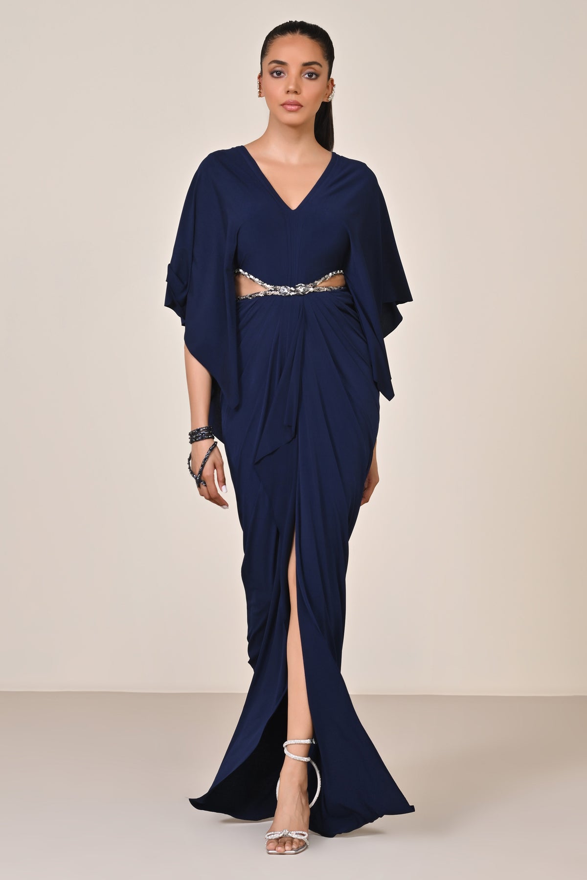 Navy Draped Gown with Waist Cut-Out