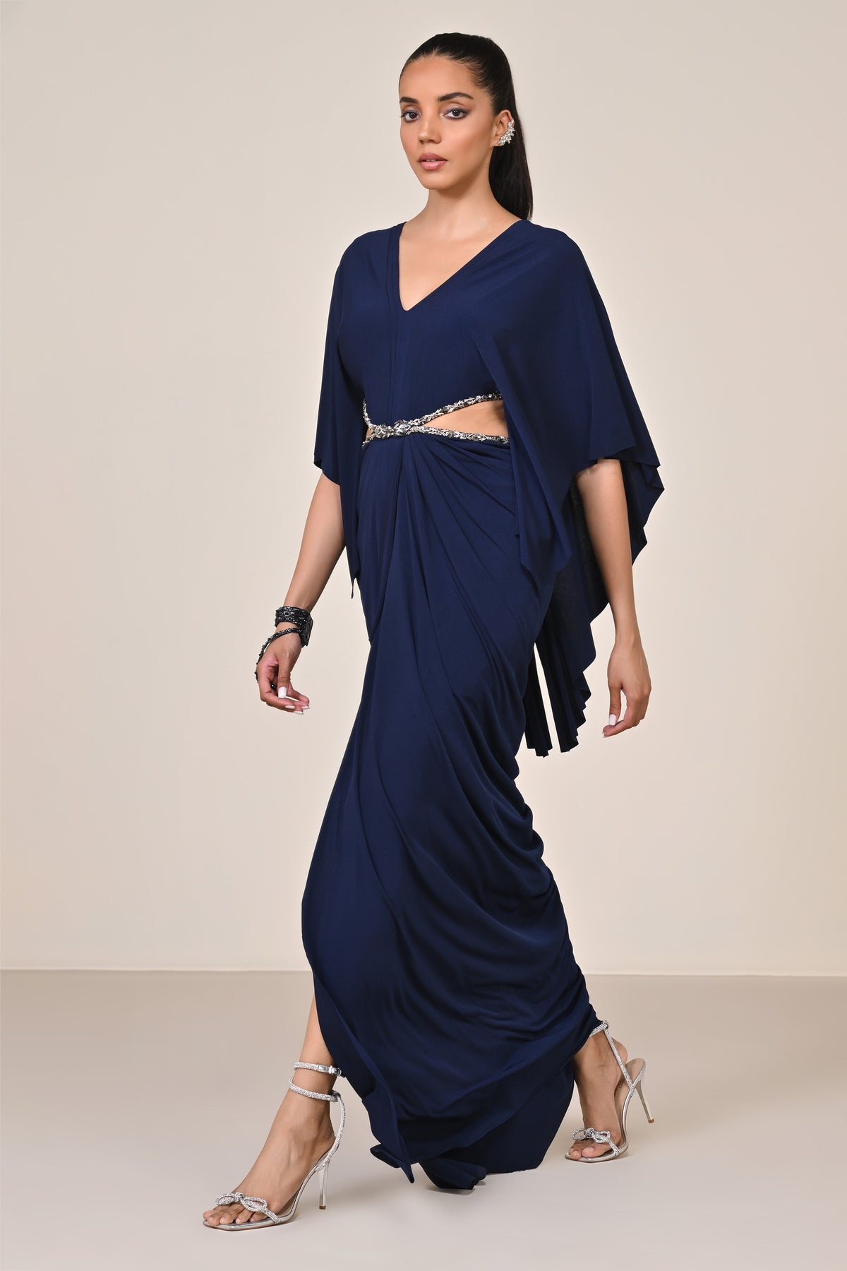 Navy Draped Gown with Waist Cut-Out