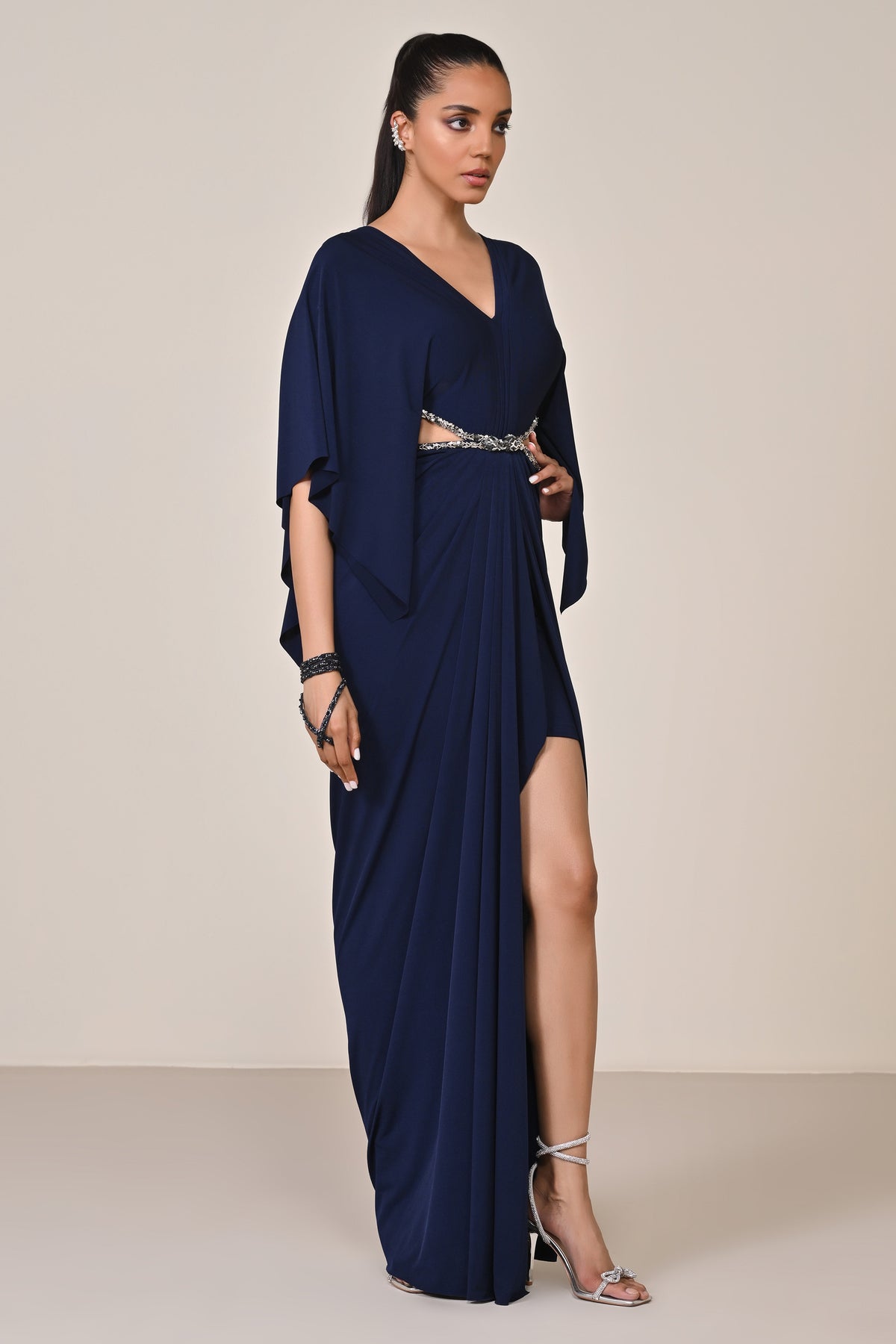 Navy Draped Gown with Waist Cut-Out