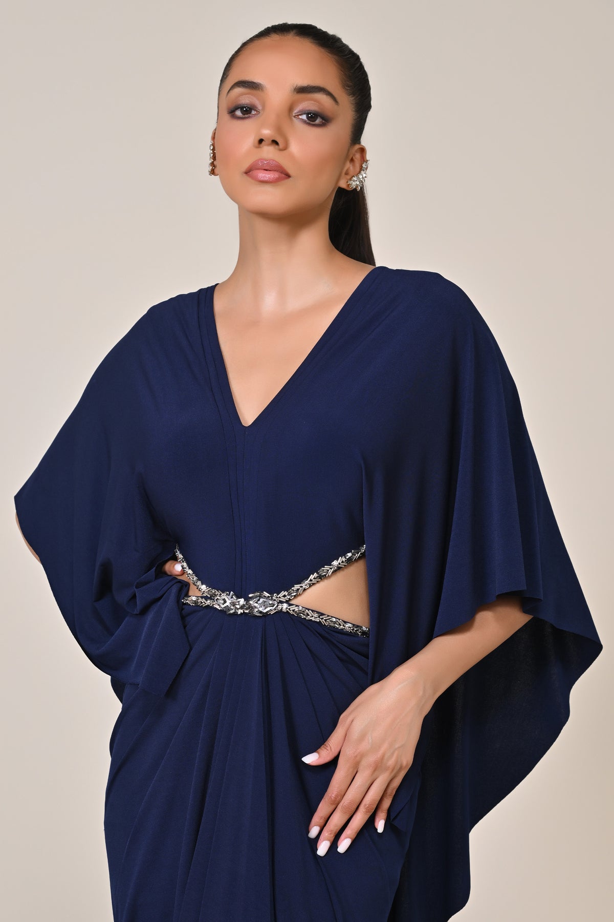Navy Draped Gown with Waist Cut-Out