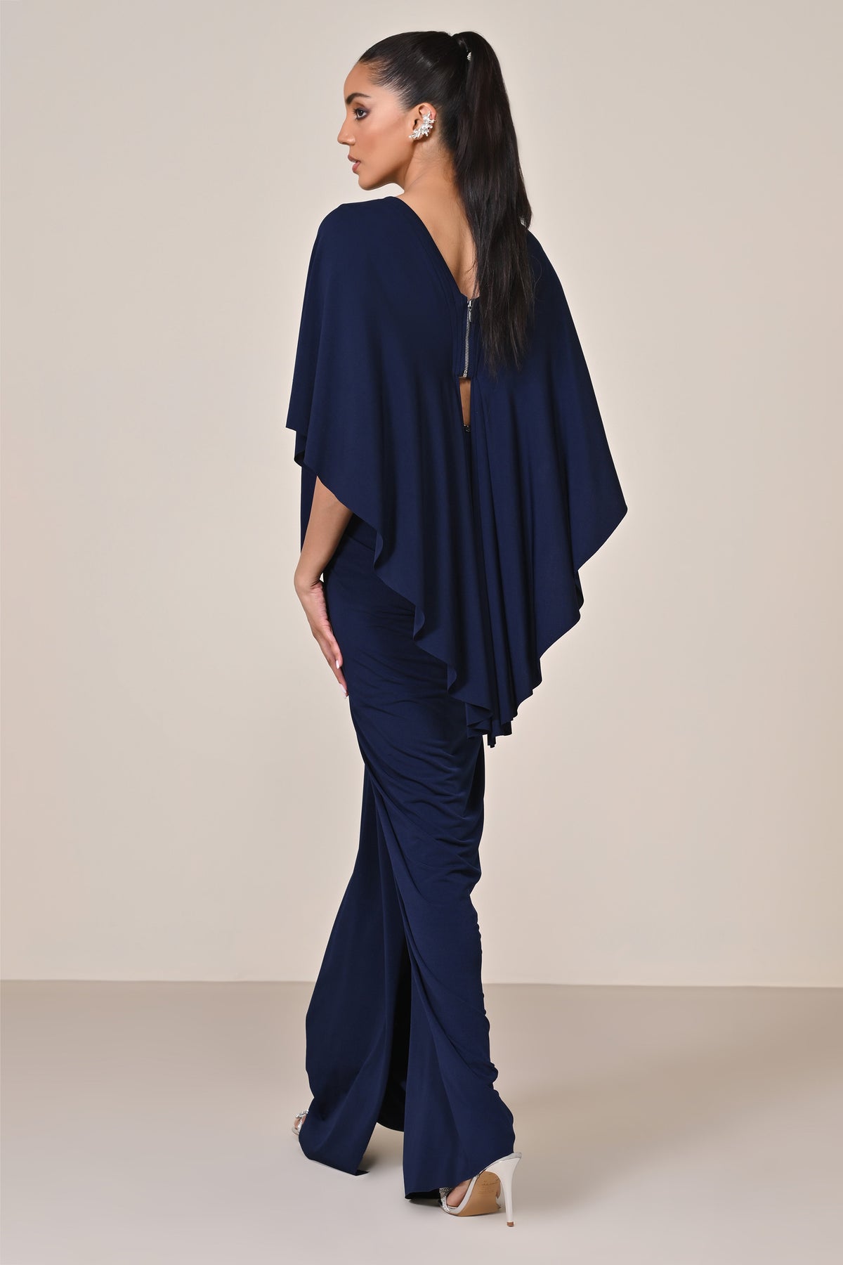 Navy Draped Gown with Waist Cut-Out