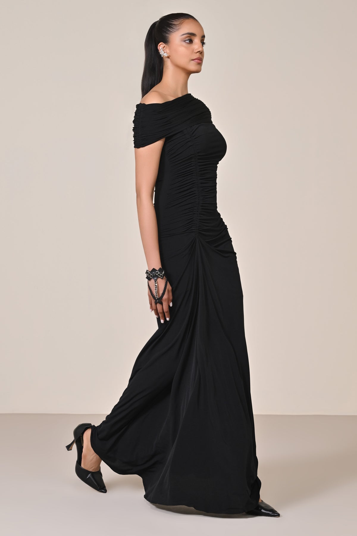 Black Off Shoulder Saree Gown