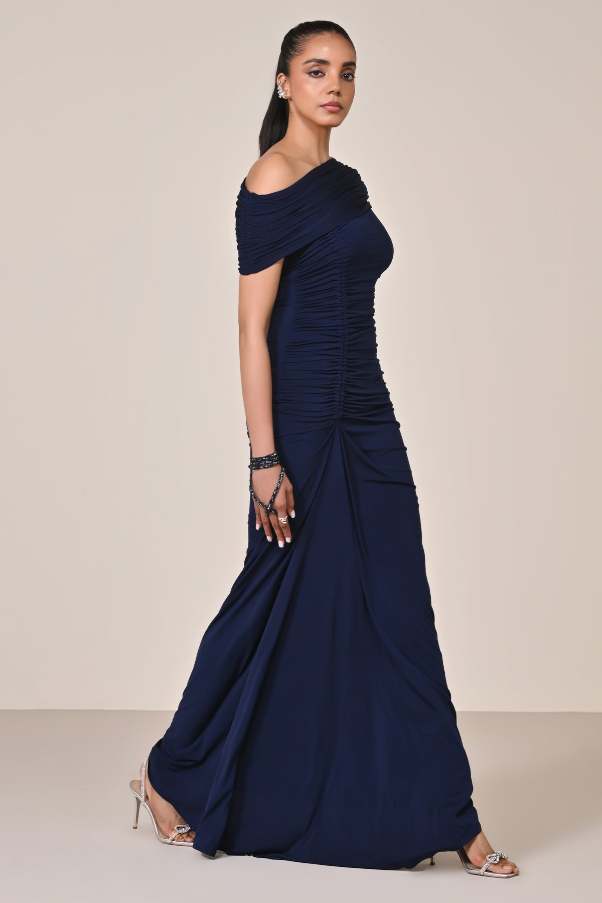 Navy Off Shoulder Saree Gown