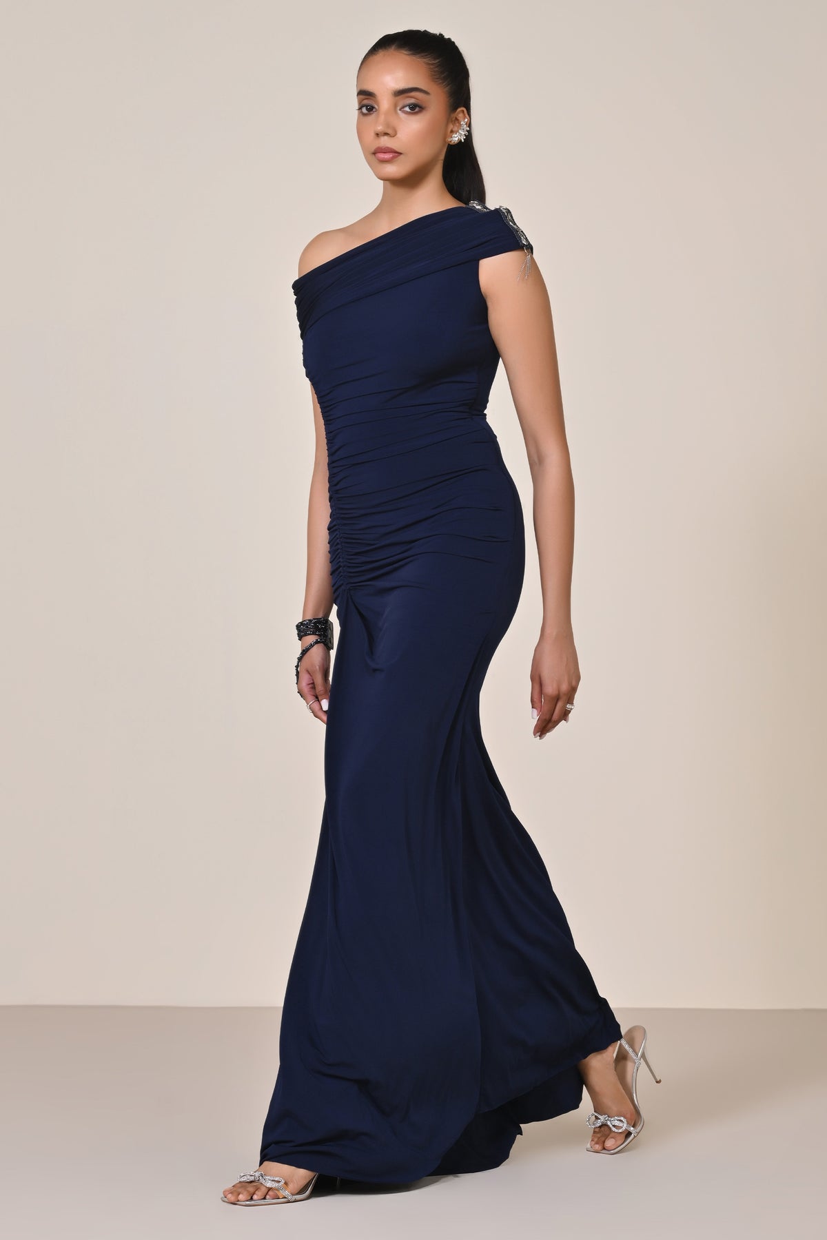 Navy Off Shoulder Saree Gown