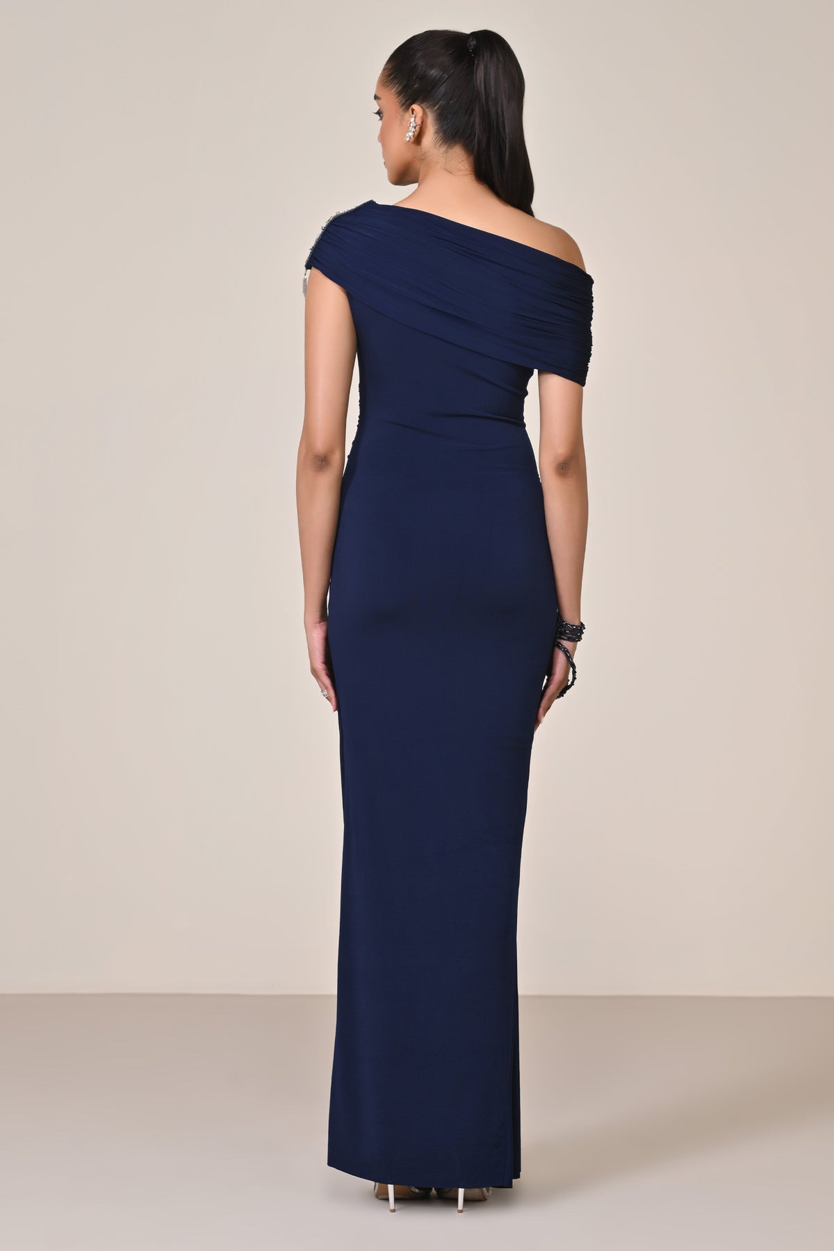 Navy Off Shoulder Saree Gown