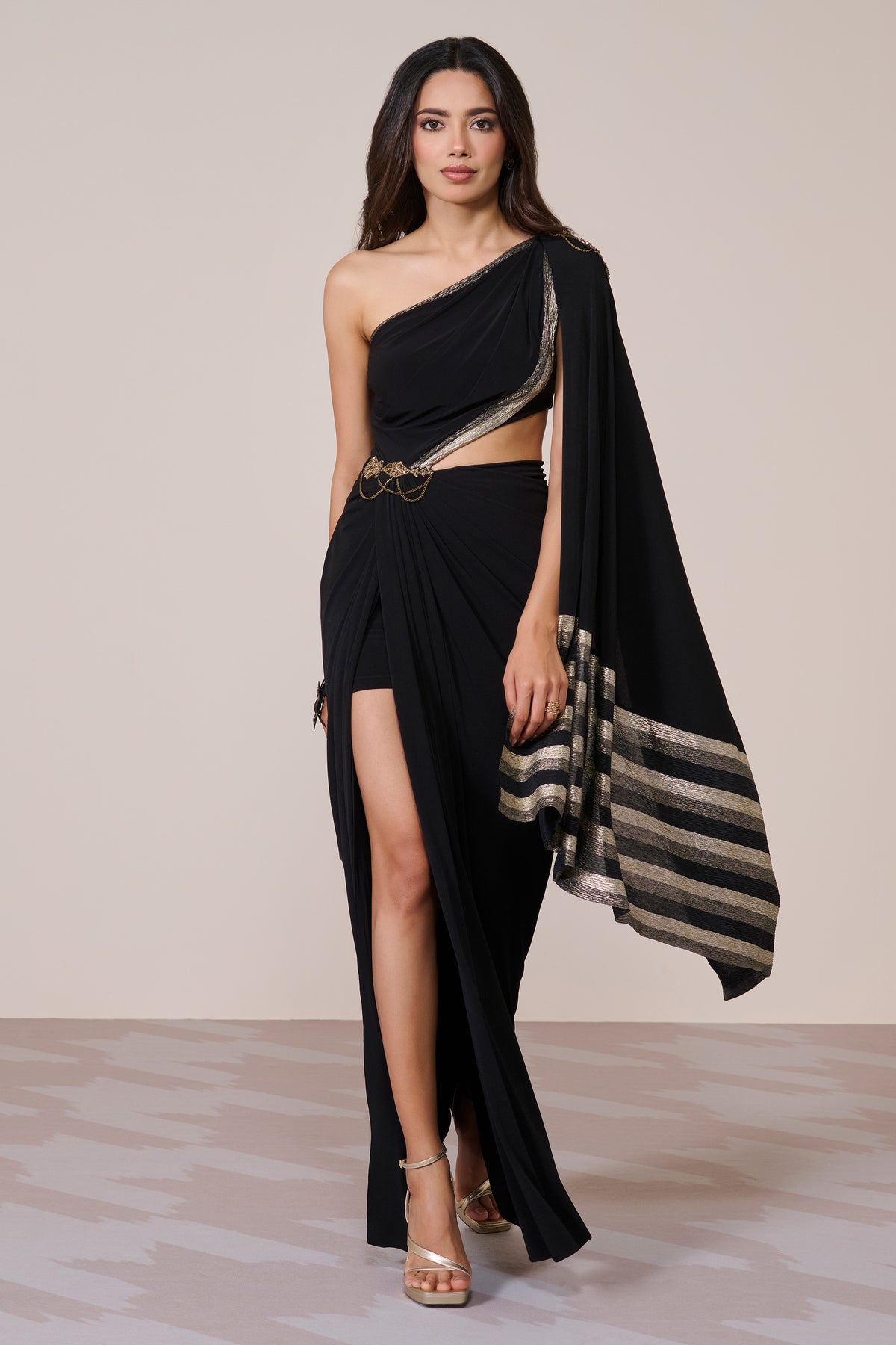 Black One-Shoulder Drape Gown