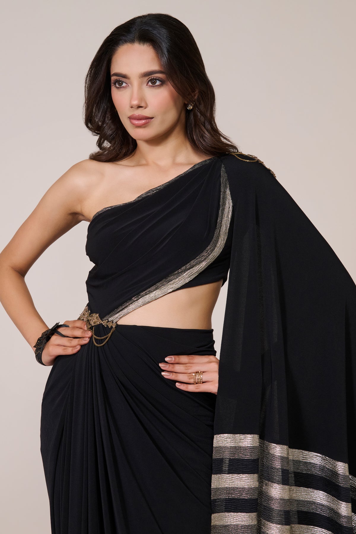 Black One-Shoulder Drape Gown