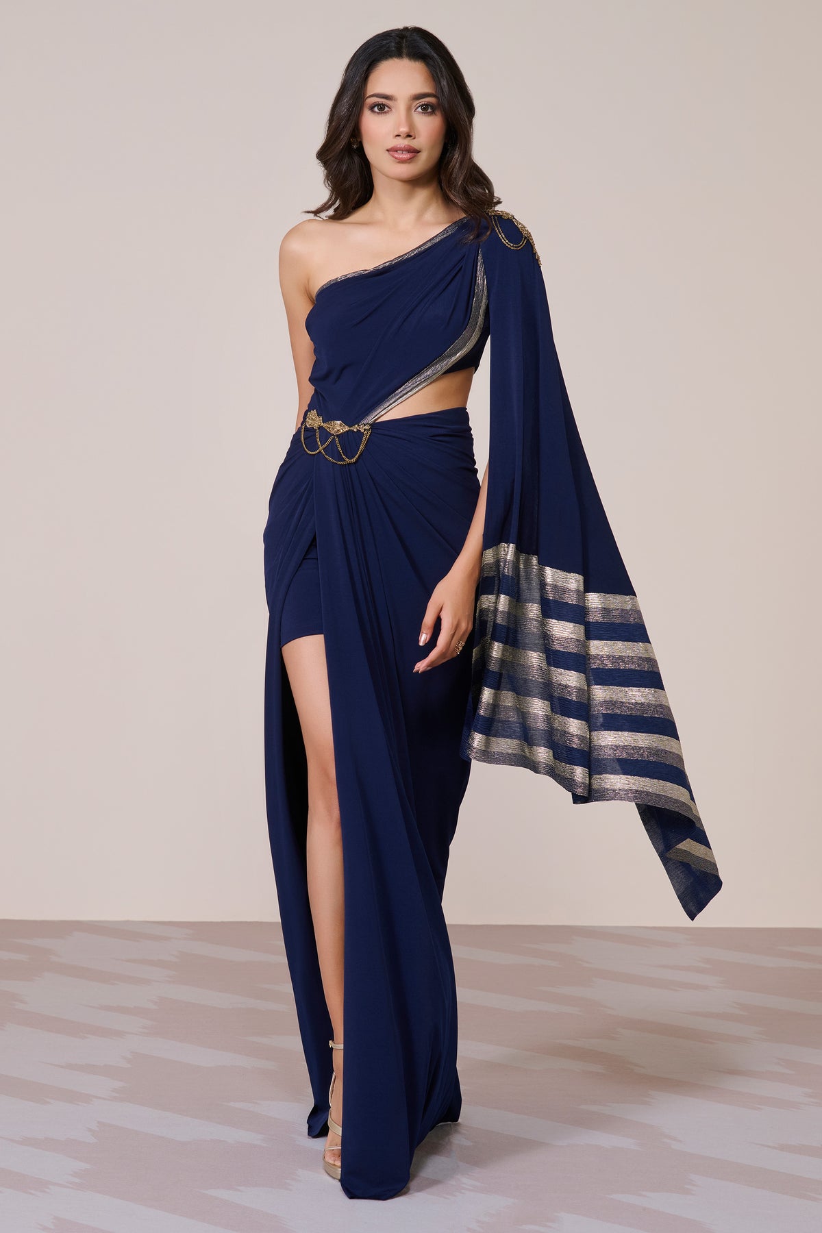 Navy One-Shoulder Draped Gown