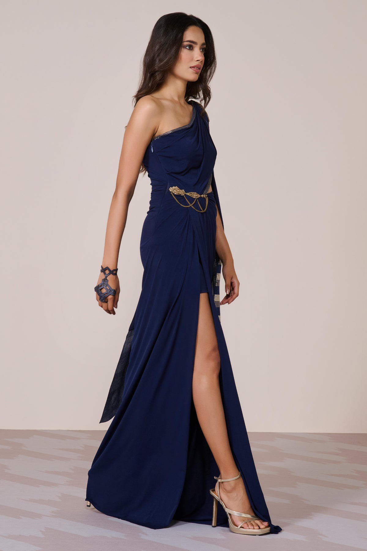Navy One-Shoulder Draped Gown
