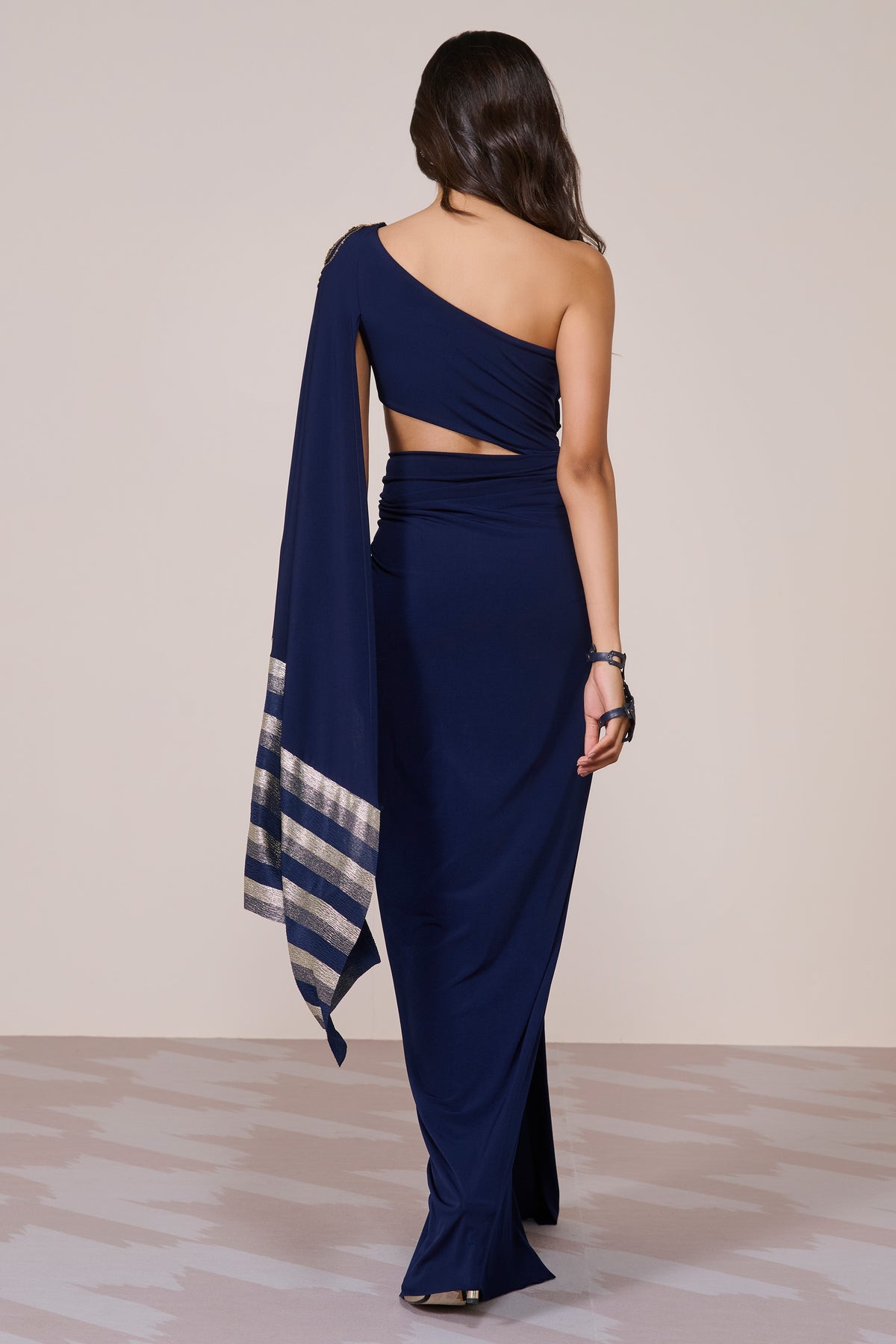 Navy One-Shoulder Draped Gown