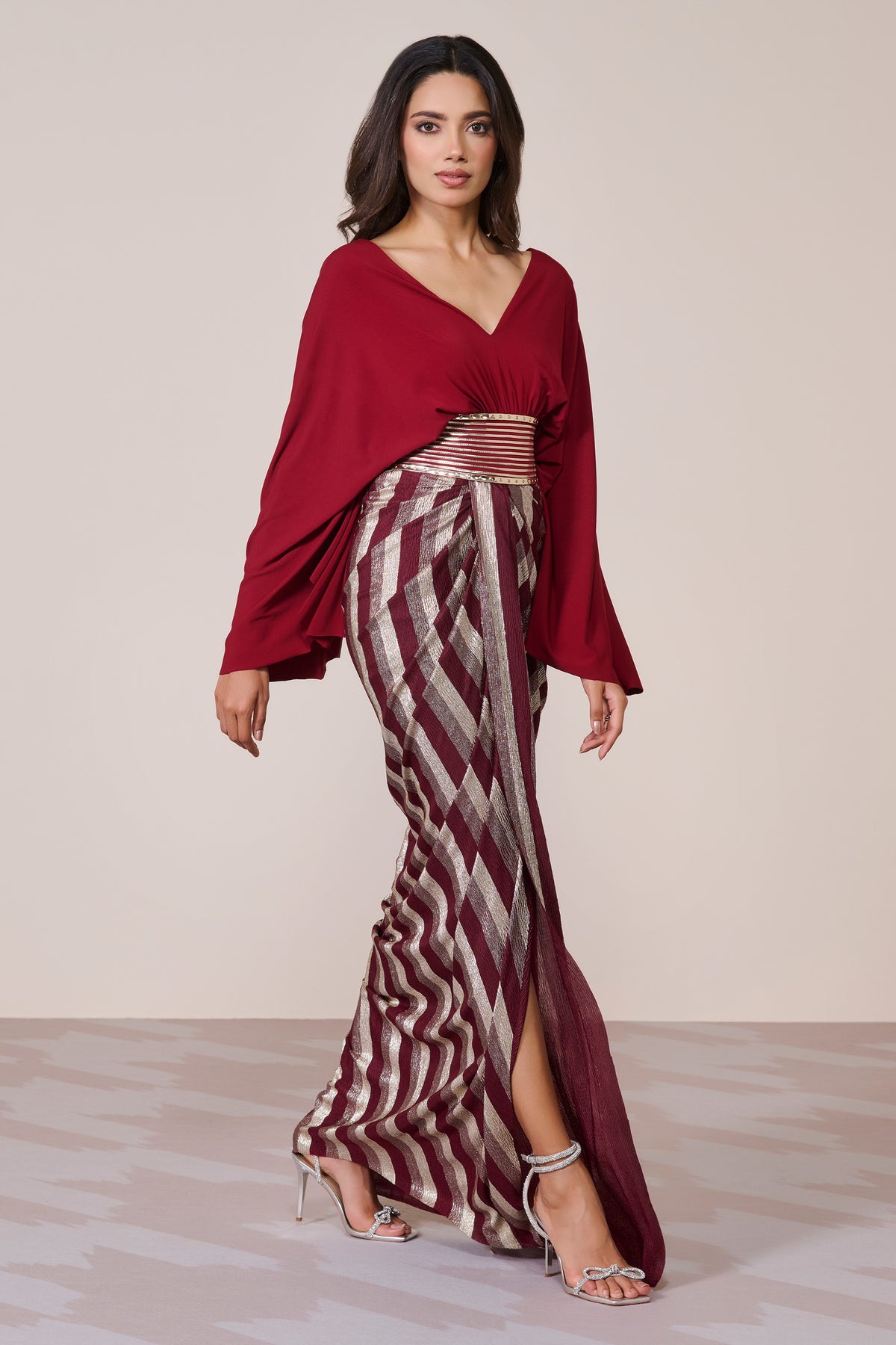 Cherry Gown With Exaggerated Cape Sleeve