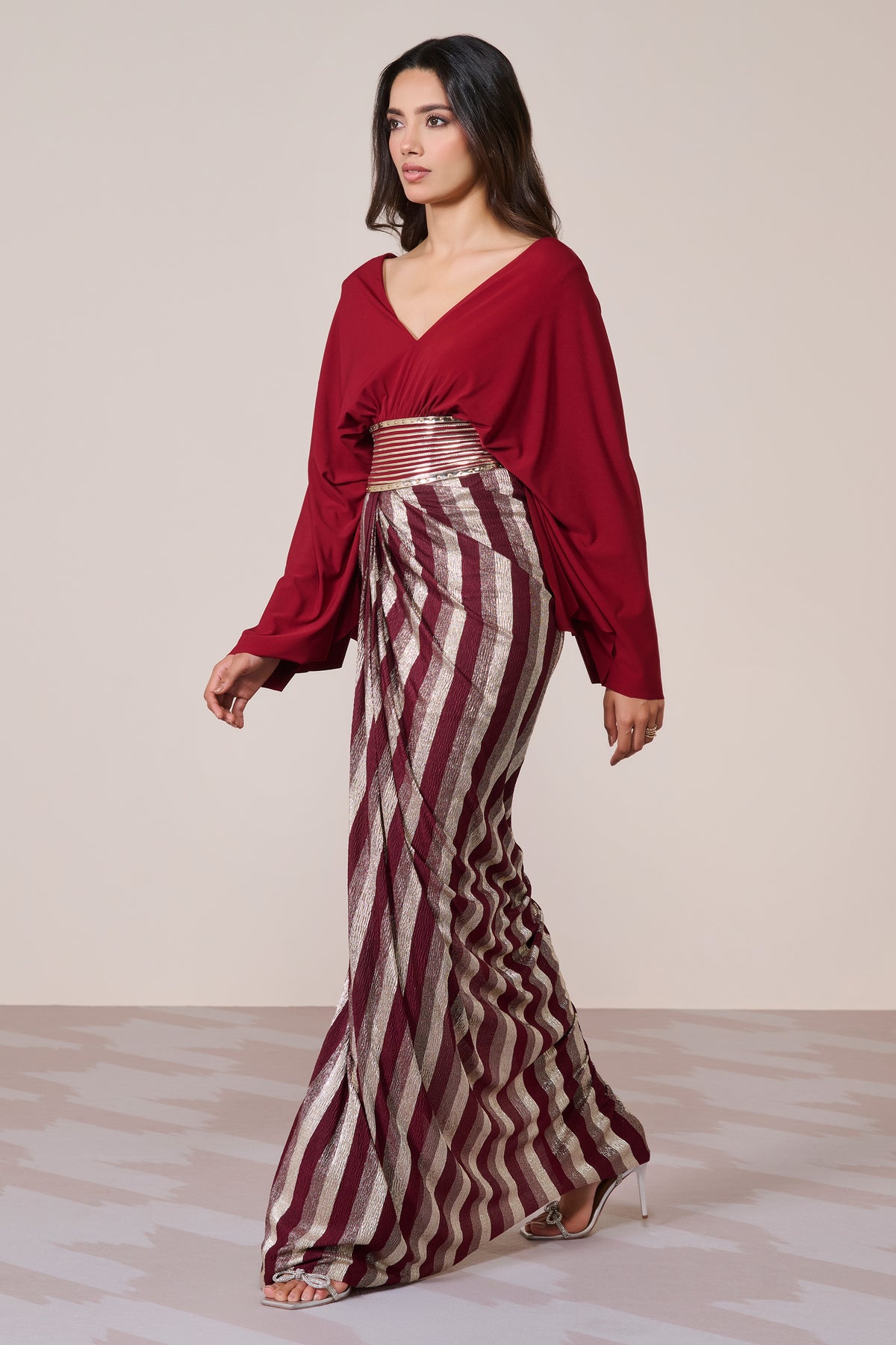 Cherry Gown With Exaggerated Cape Sleeve