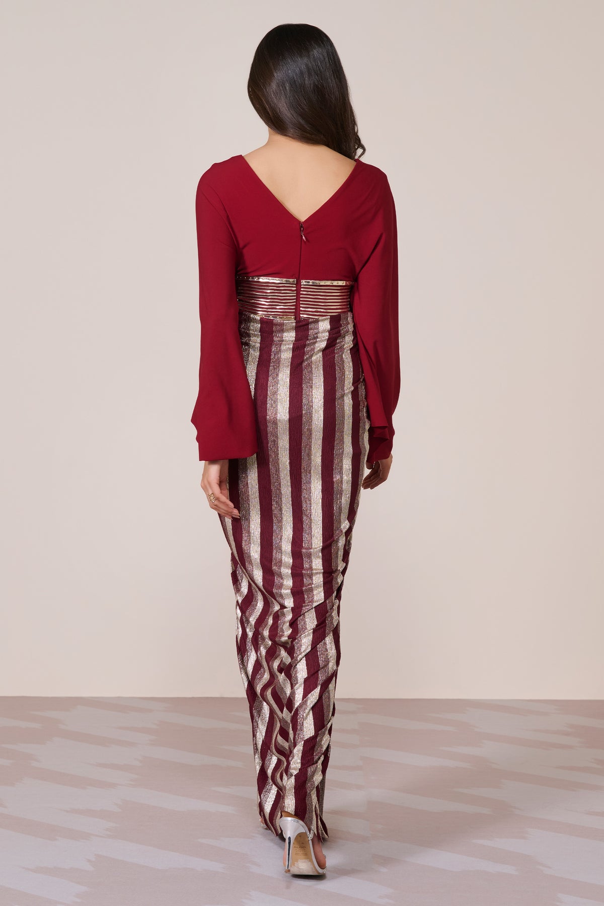 Cherry Gown With Exaggerated Cape Sleeve