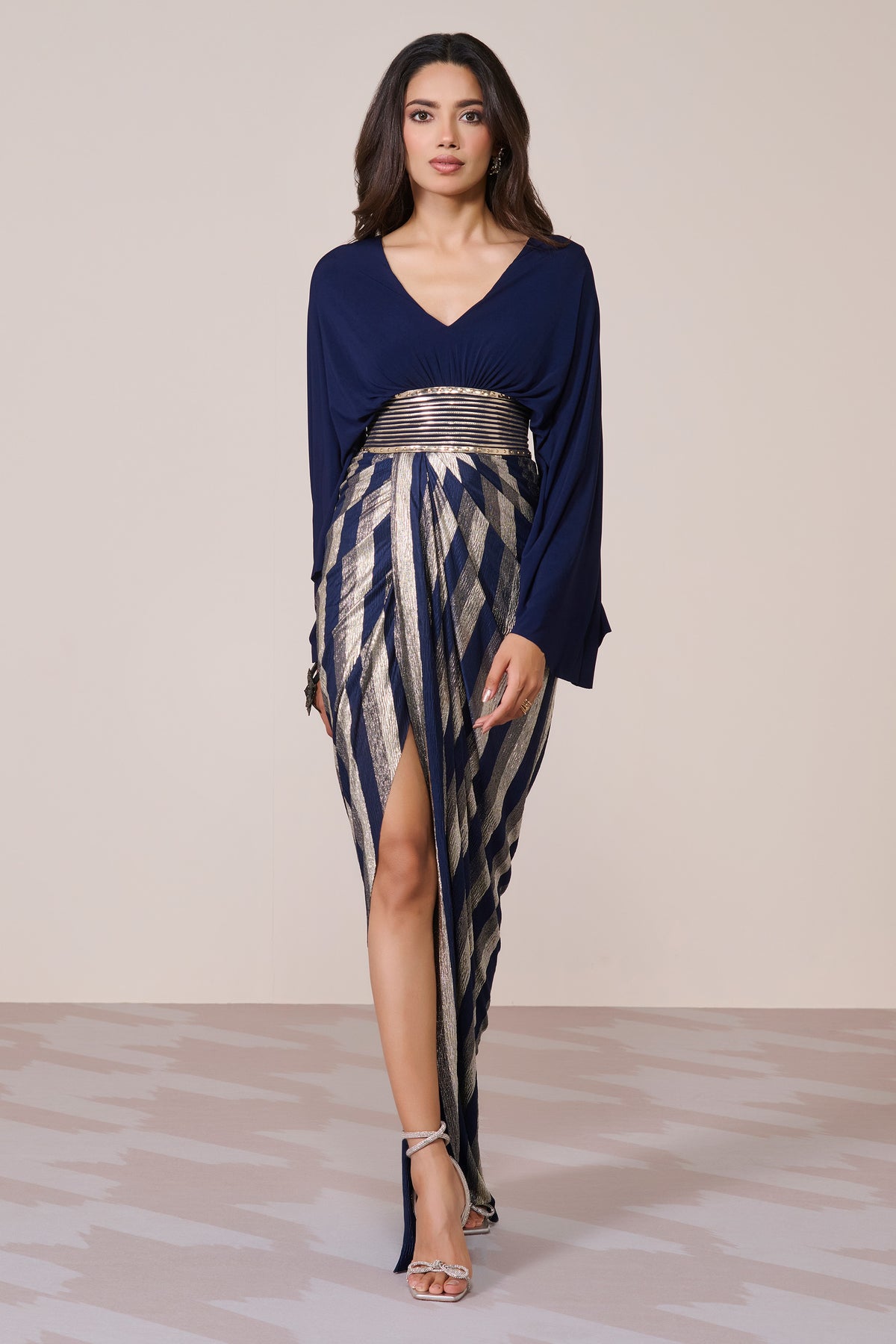 Navy Gown With Exaggerated Cape Sleeve