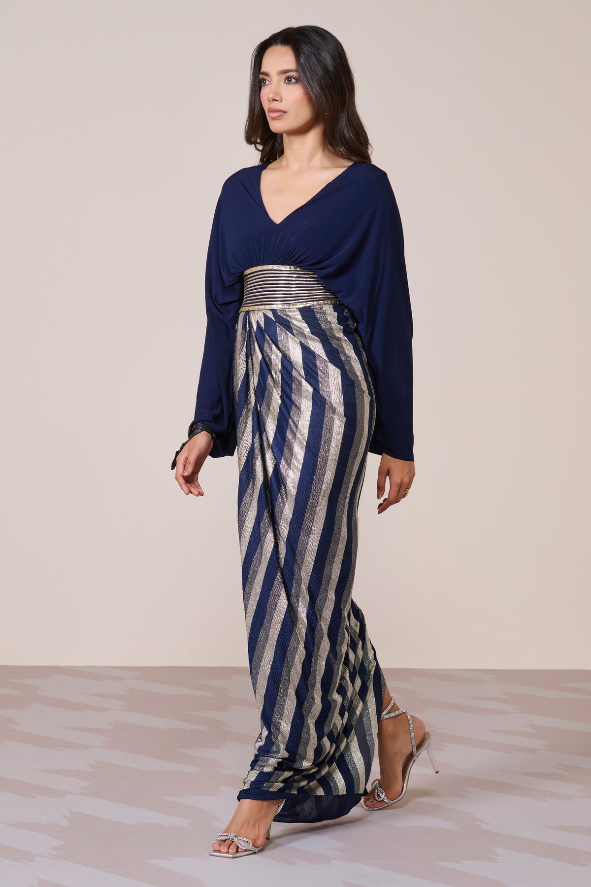 Navy Gown With Exaggerated Cape Sleeve