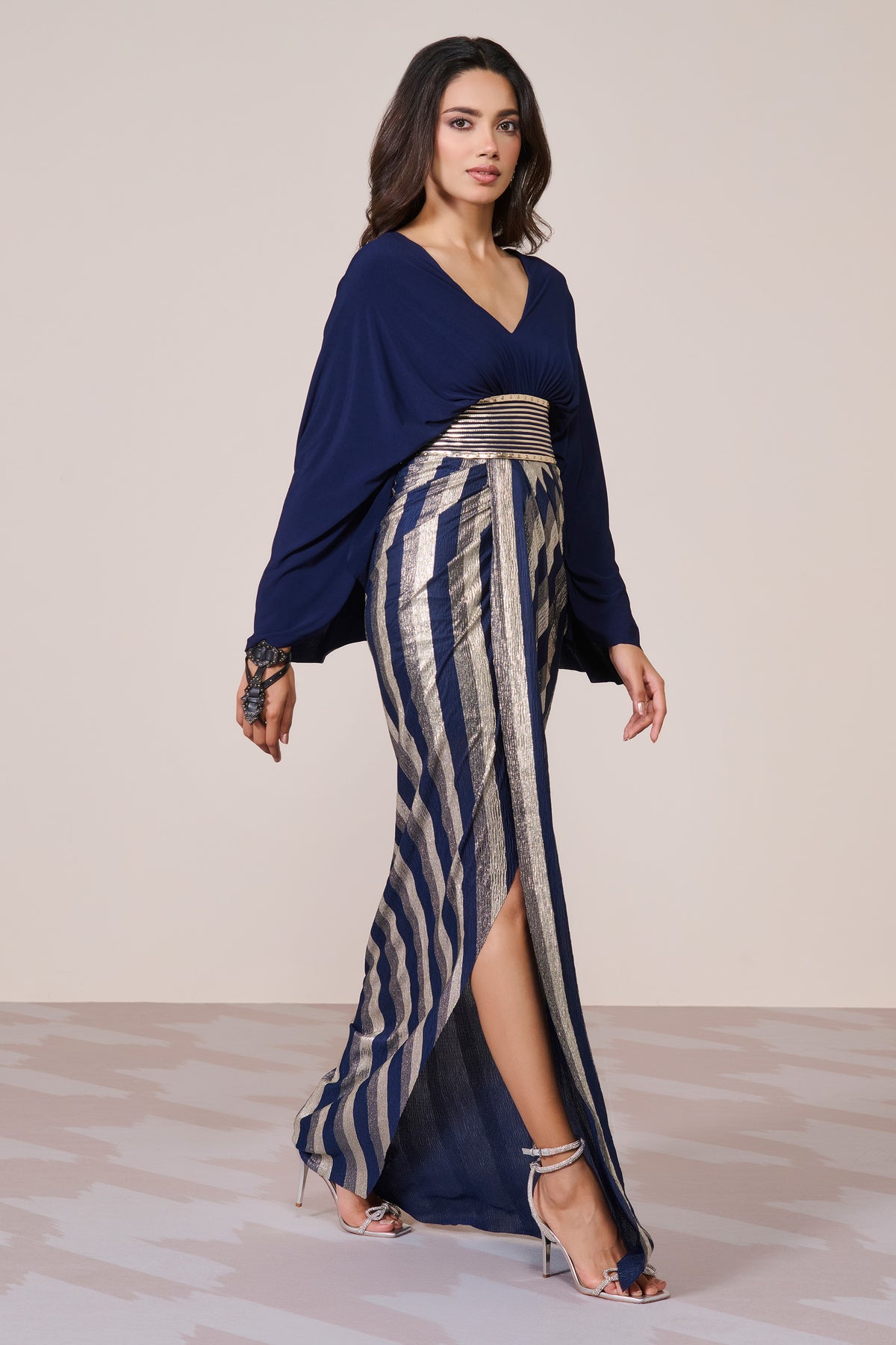 Navy Gown With Exaggerated Cape Sleeve