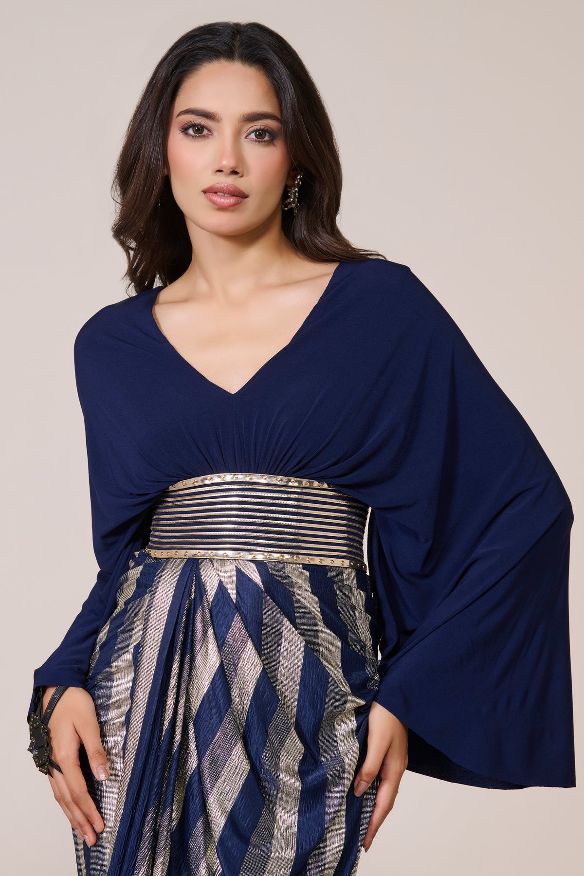 Navy Gown With Exaggerated Cape Sleeve
