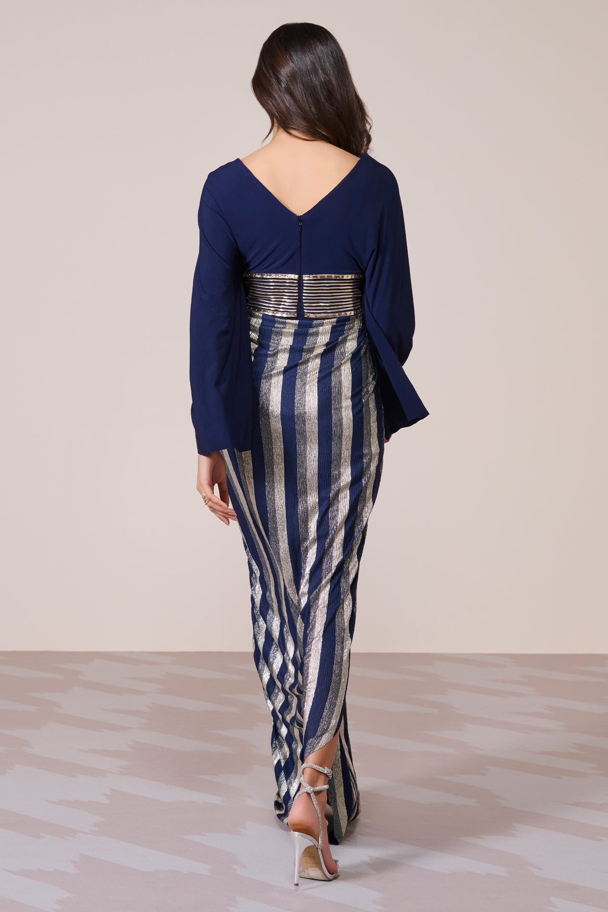 Navy Gown With Exaggerated Cape Sleeve