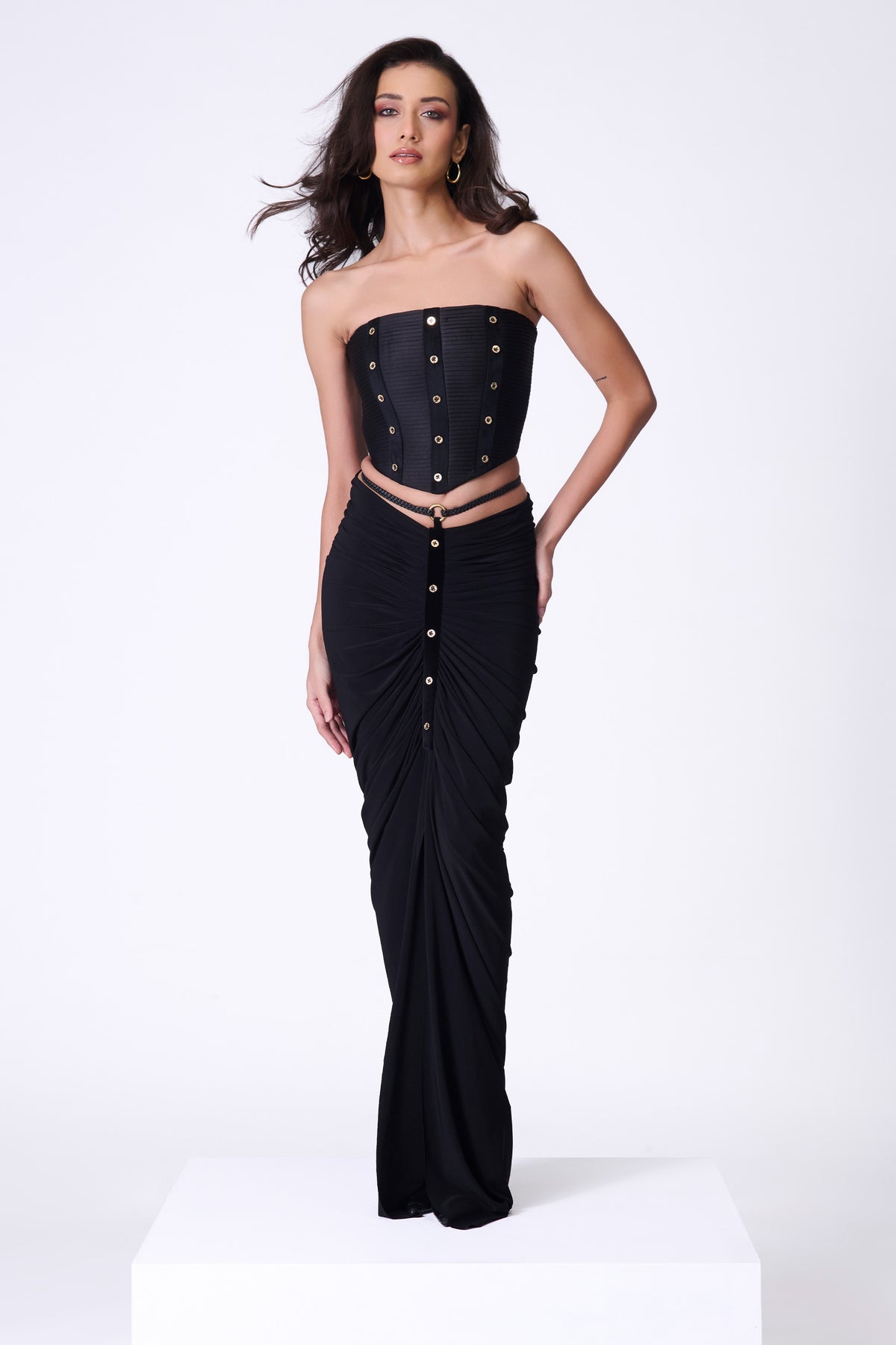 Black Gathered Skirt with Belt