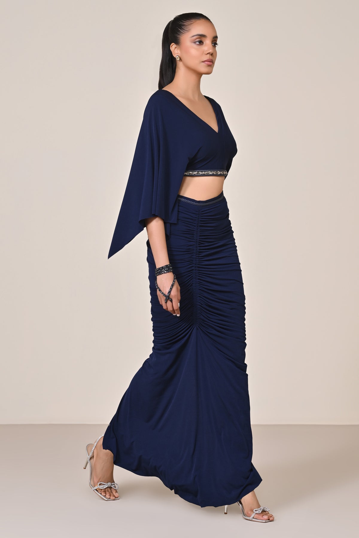 Navy Asymmetric Gathered Skirt