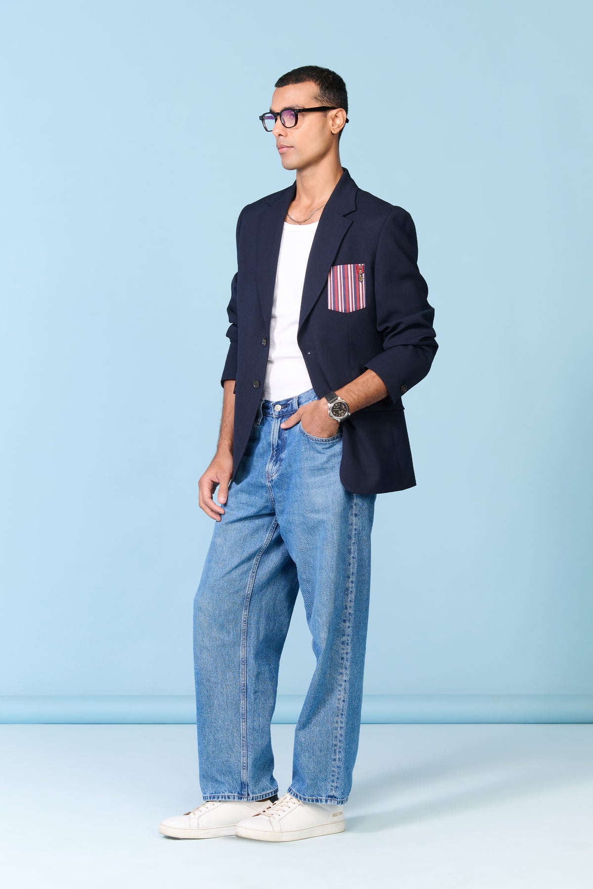 Navy Jacket with Striped Pocket