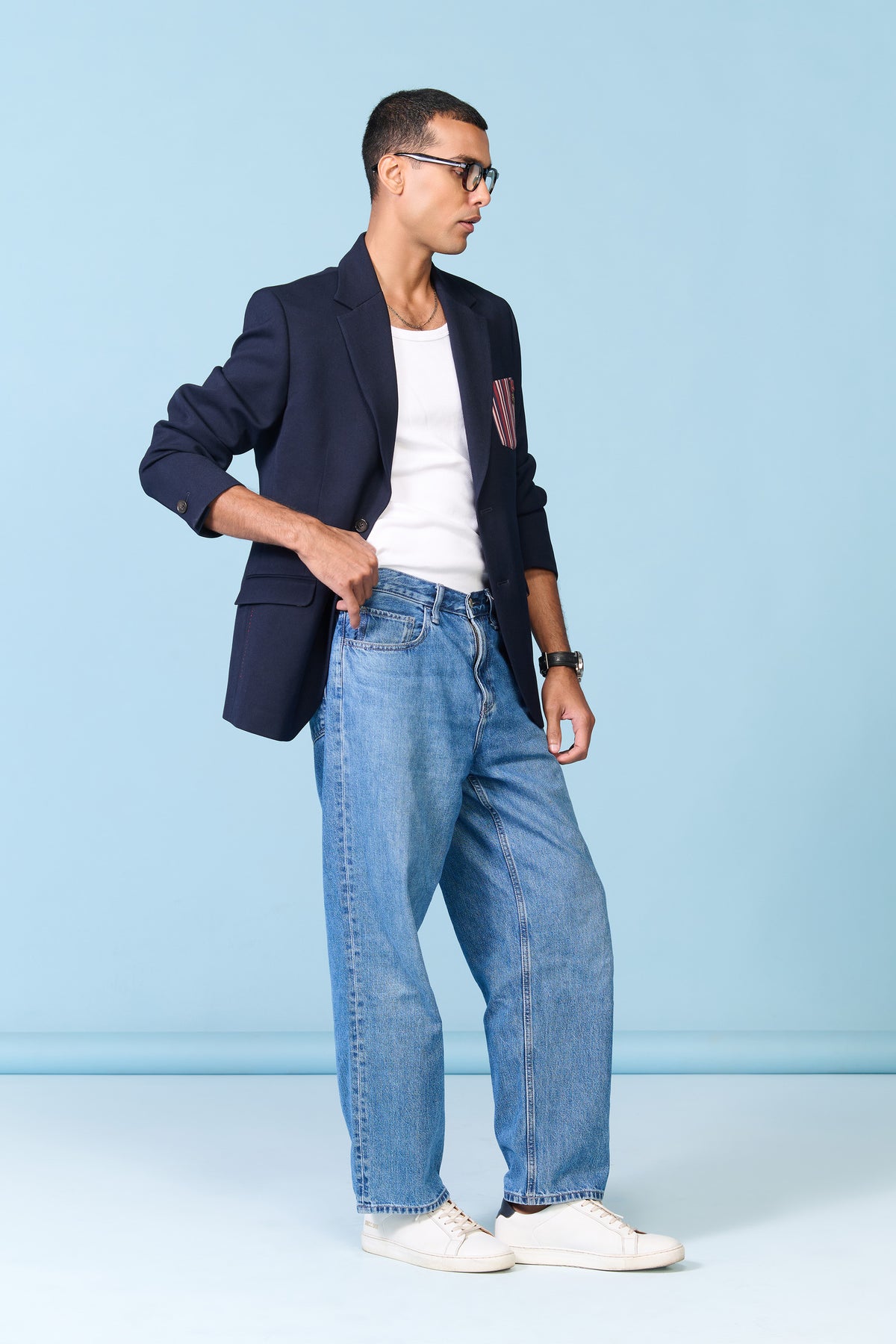 Navy Jacket with Striped Pocket