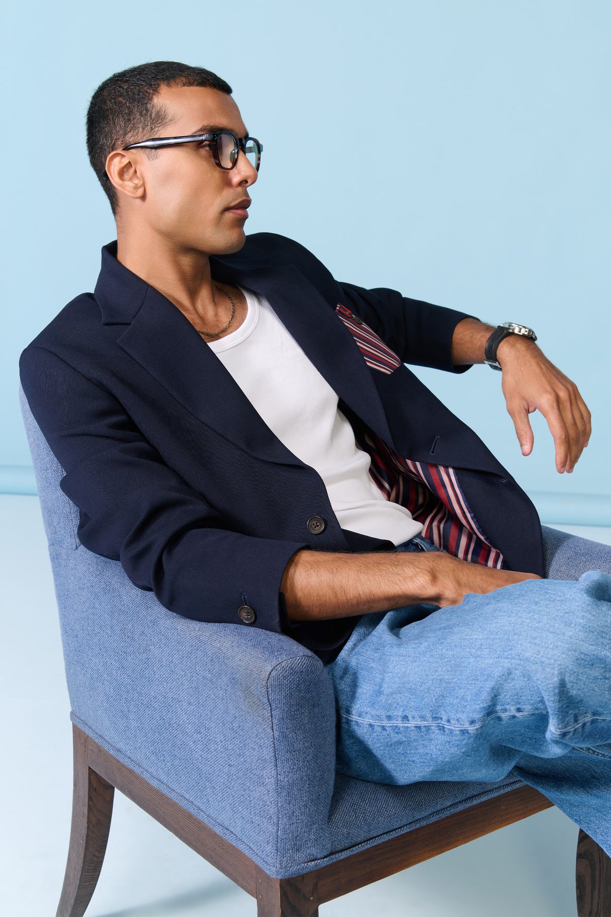 Navy Jacket with Striped Pocket