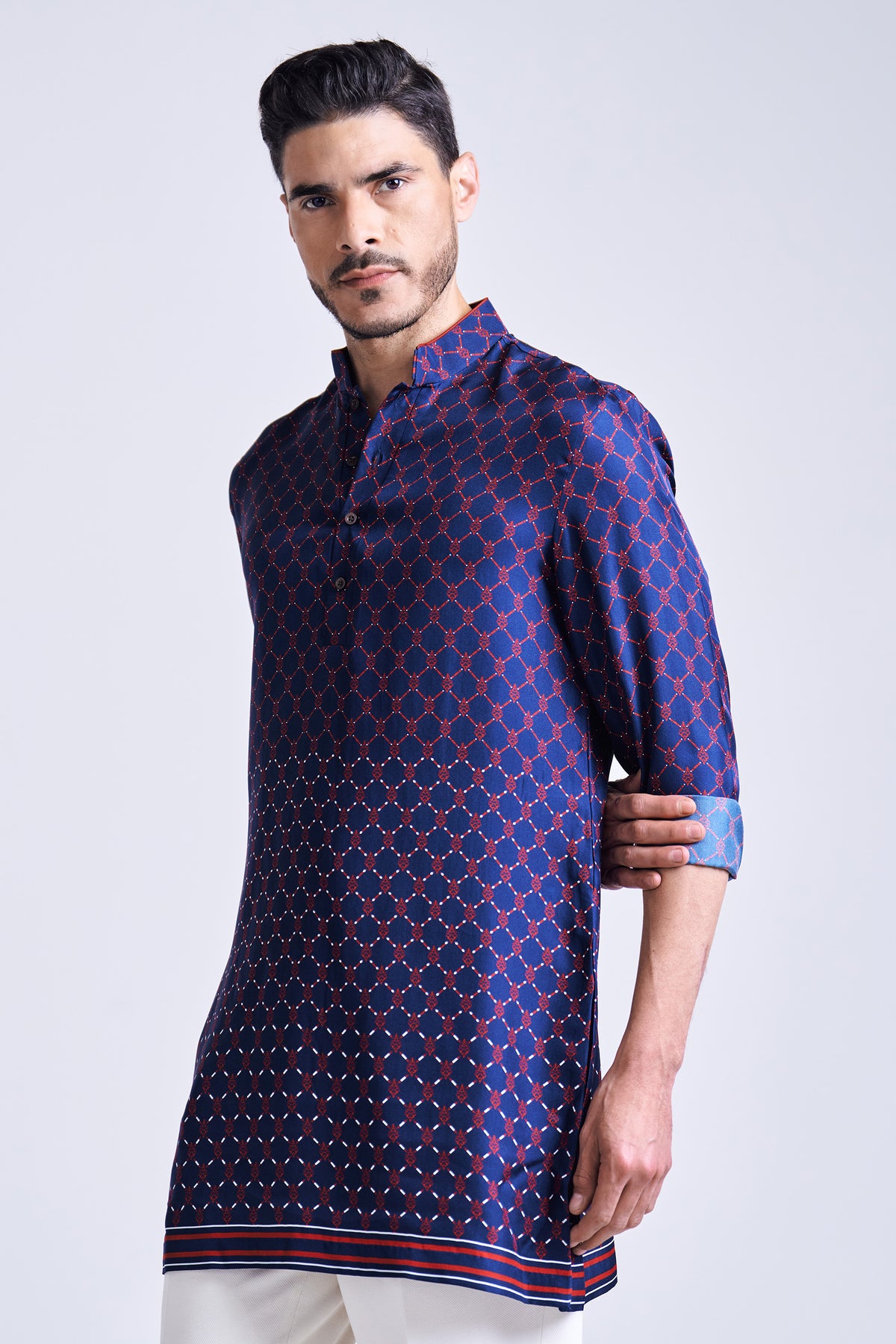Navy Adamas Printed Silk Twill Kurta
