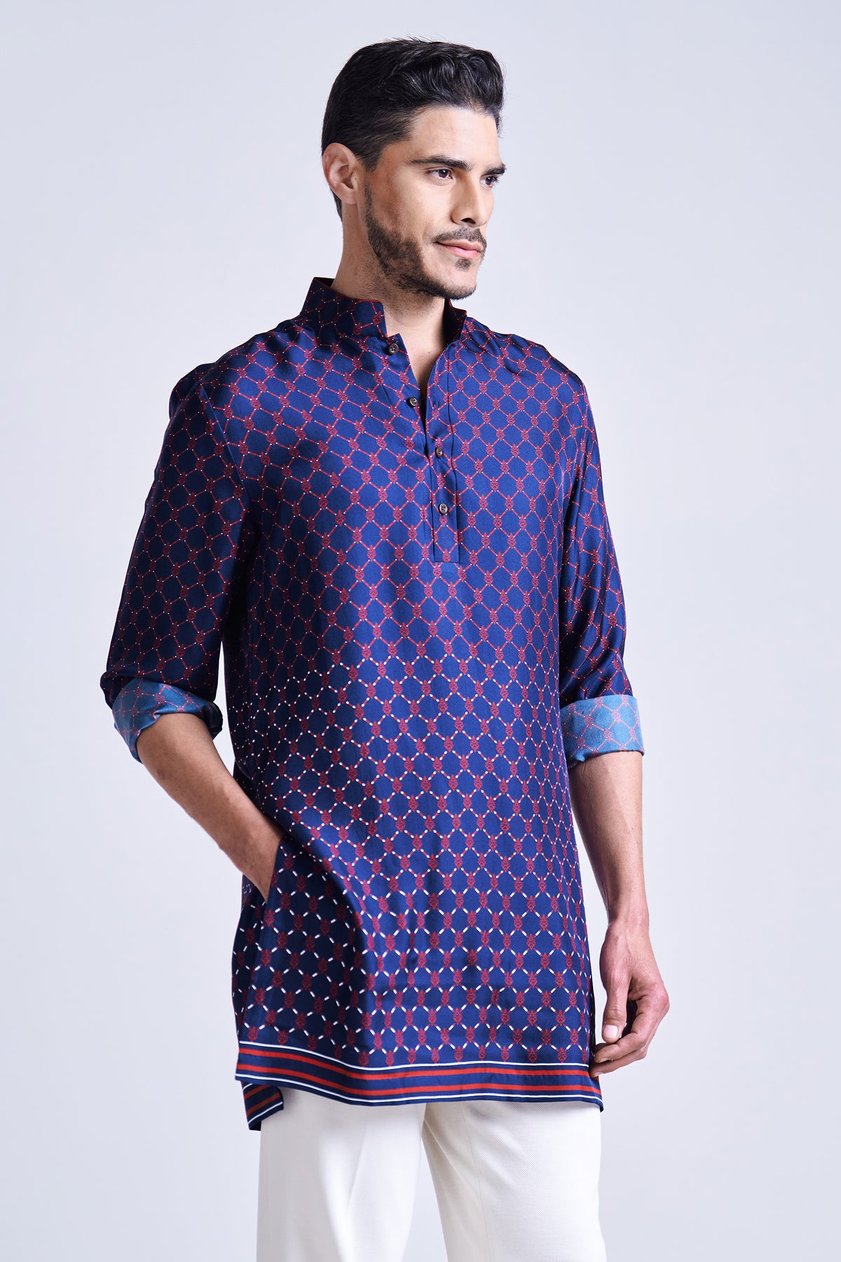 Navy Adamas Printed Silk Twill Kurta