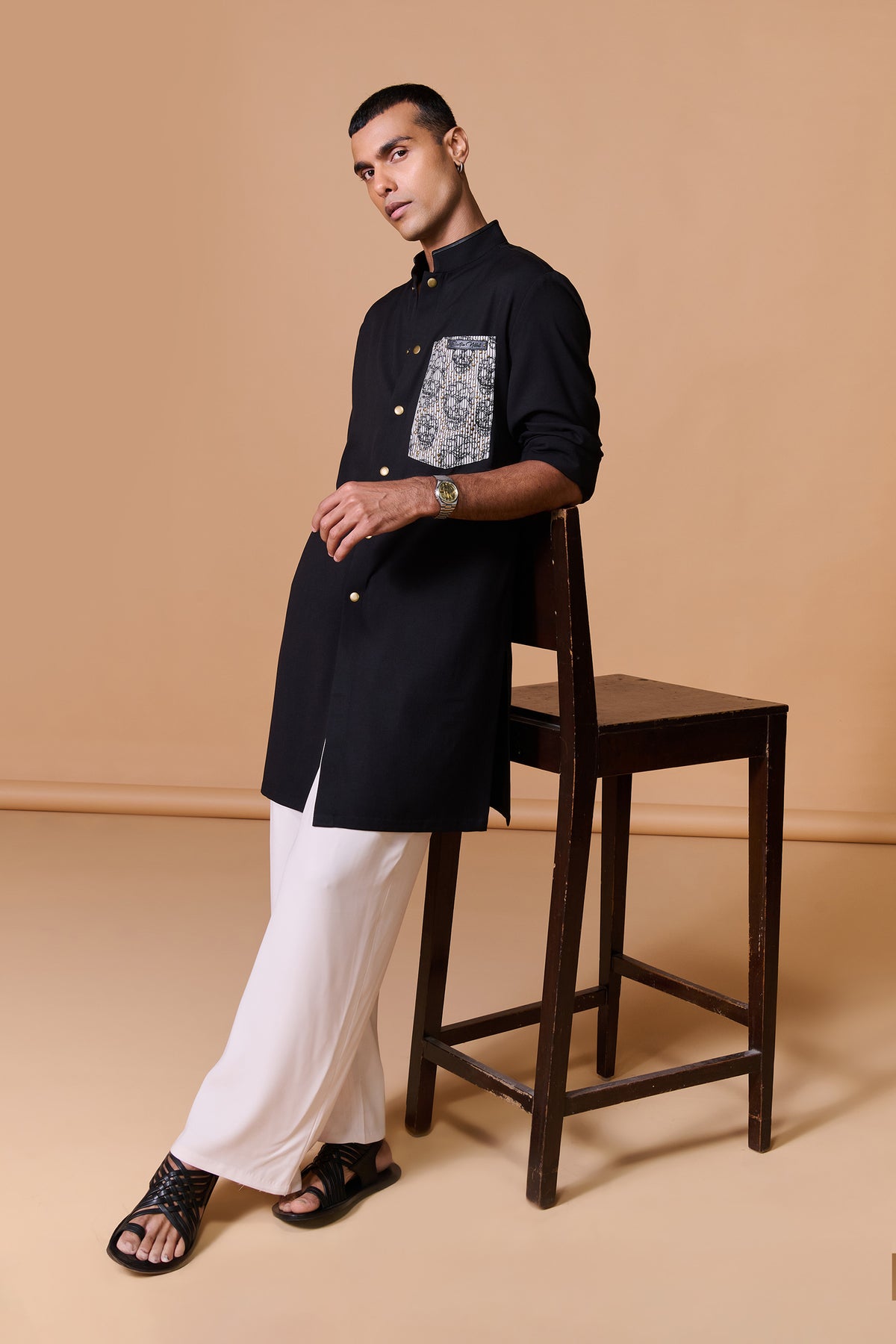 Black Shirt Kurta with Printed Pocket