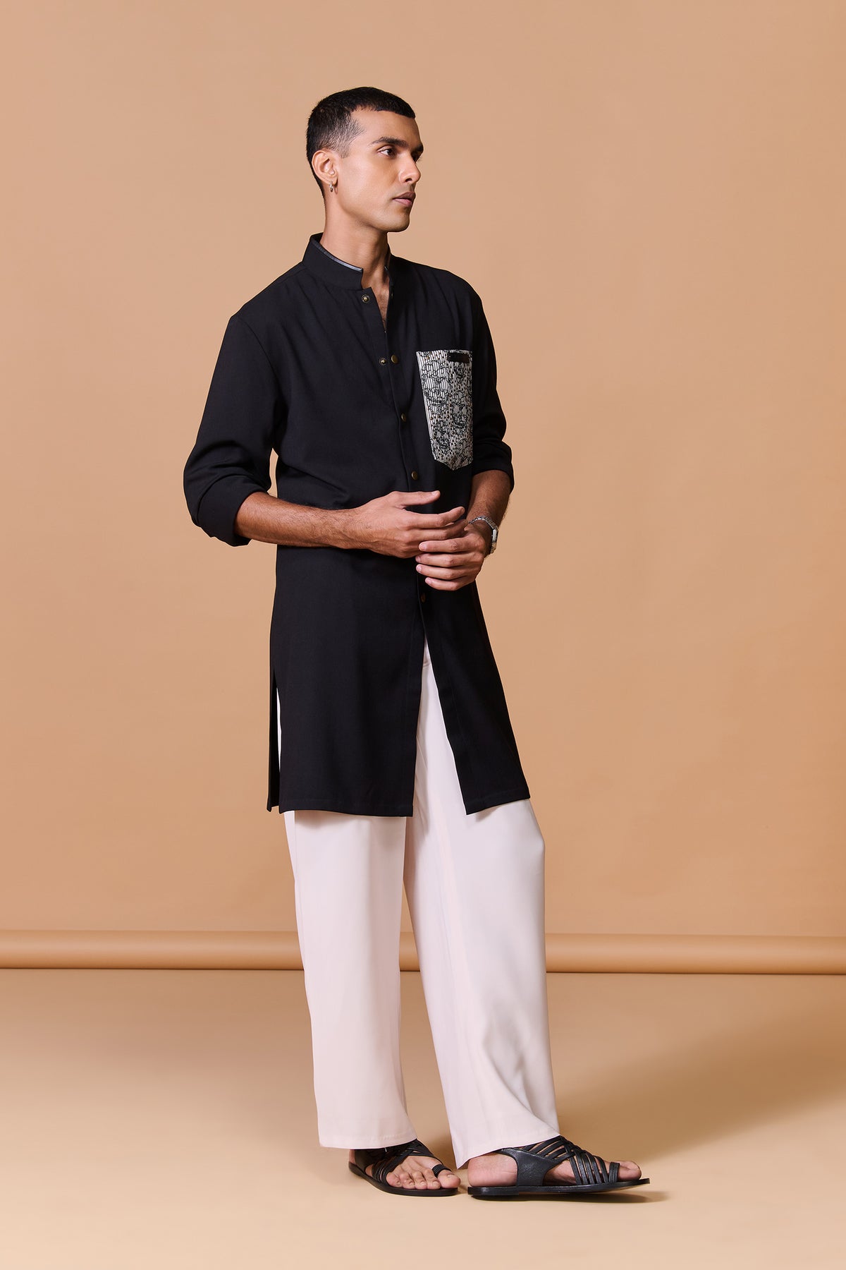 Black Shirt Kurta with Printed Pocket