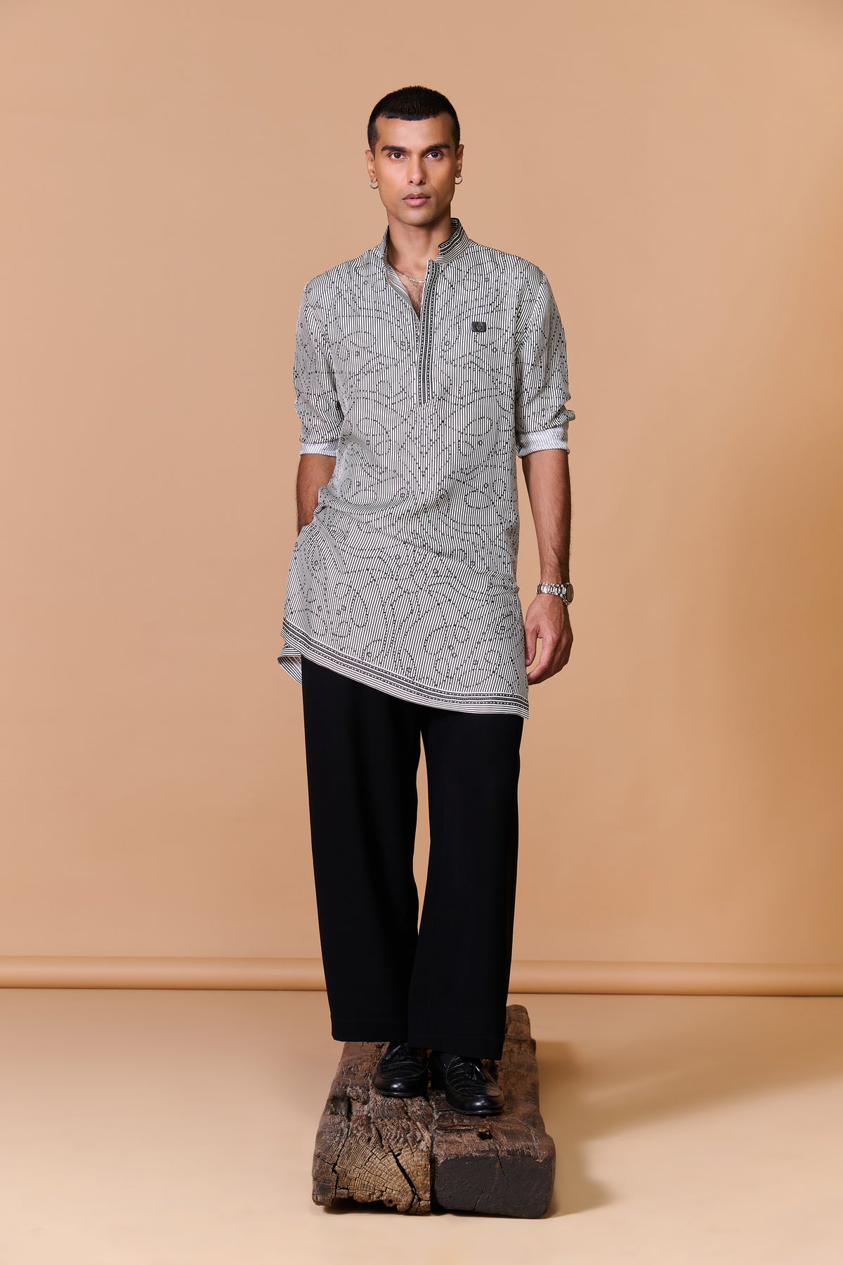 Grey Striped Printed Kurta