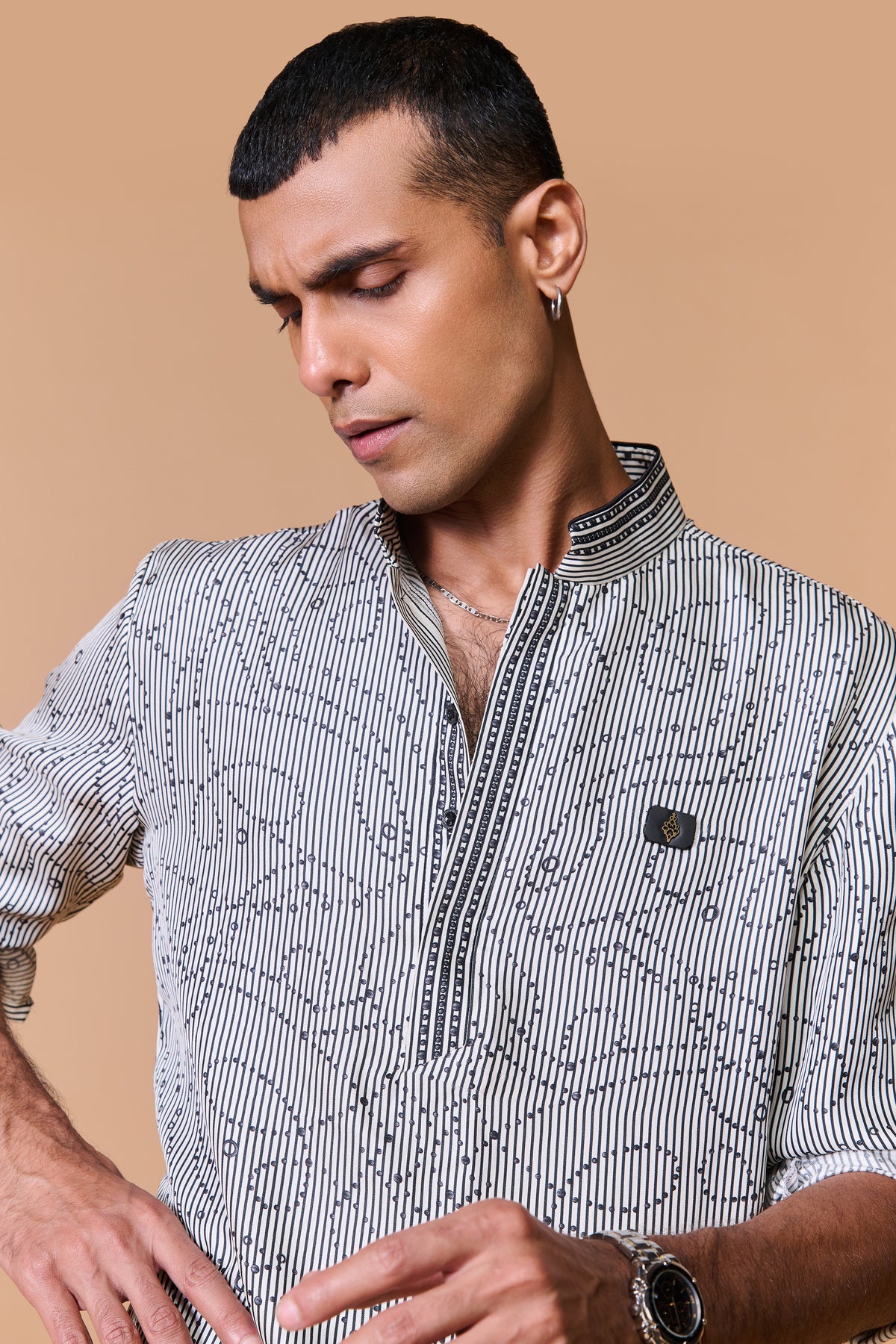 Grey Striped Printed Kurta