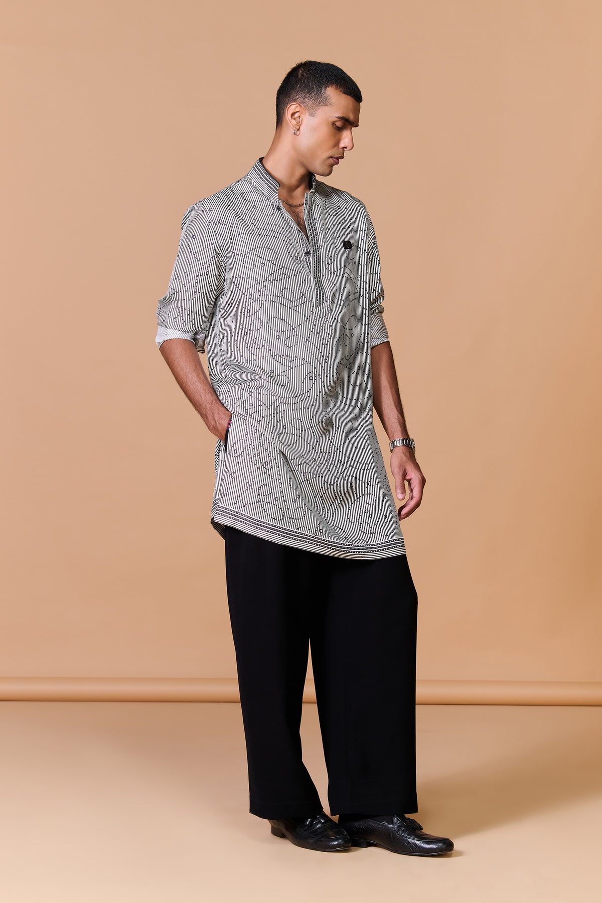 Grey Striped Printed Kurta