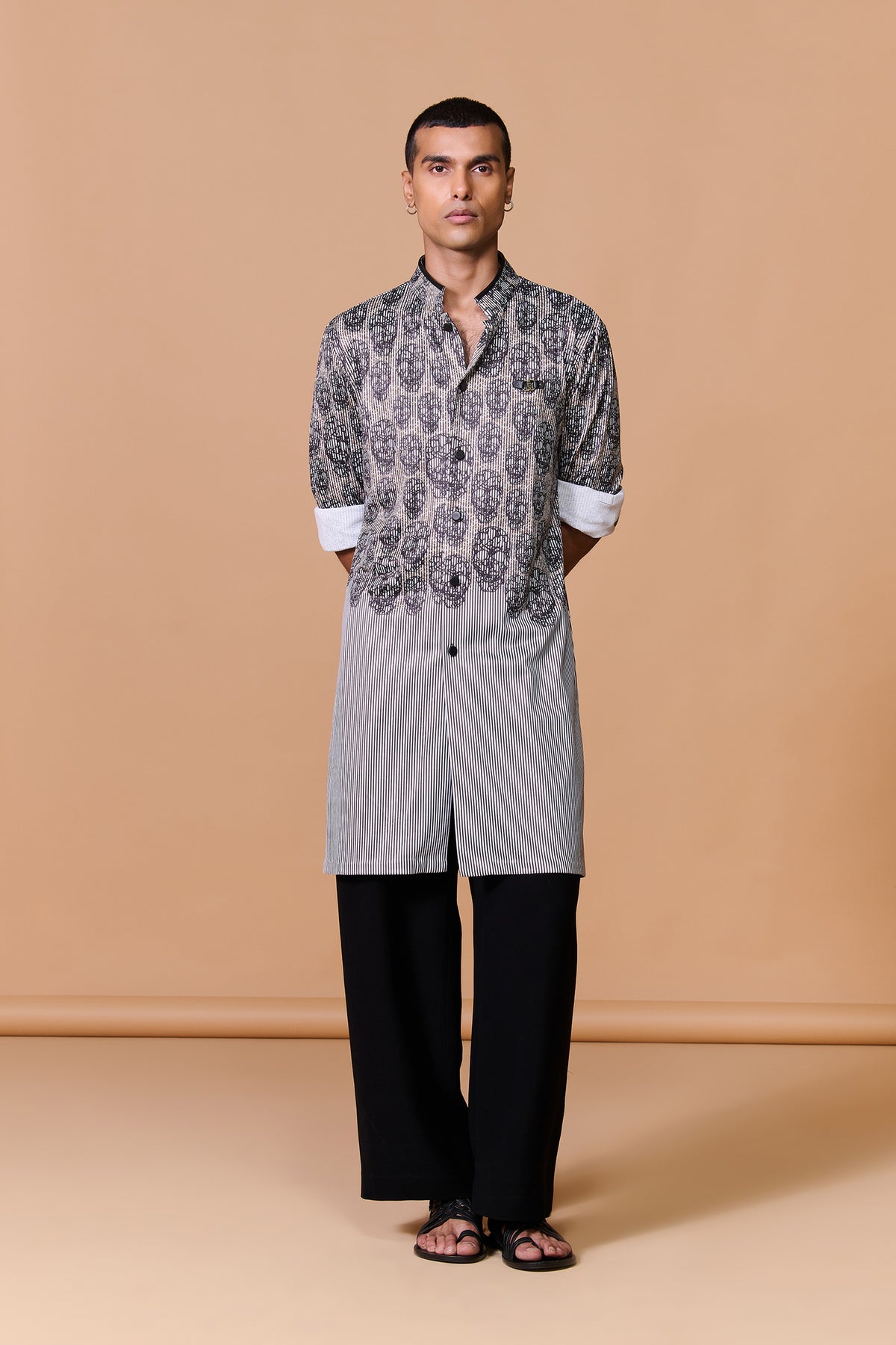 Grey Skull Printed Striped Kurta