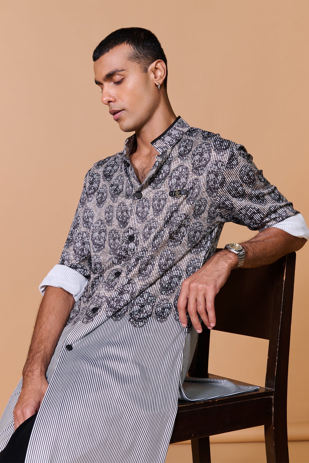 Grey Skull Printed Striped Kurta