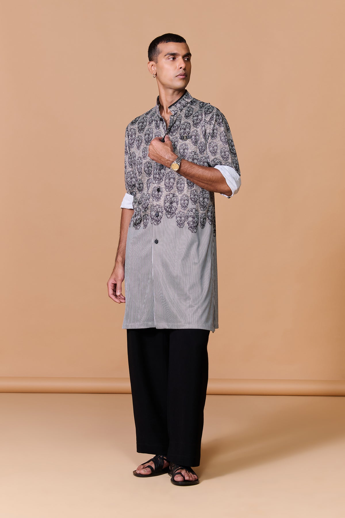 Grey Skull Printed Striped Kurta