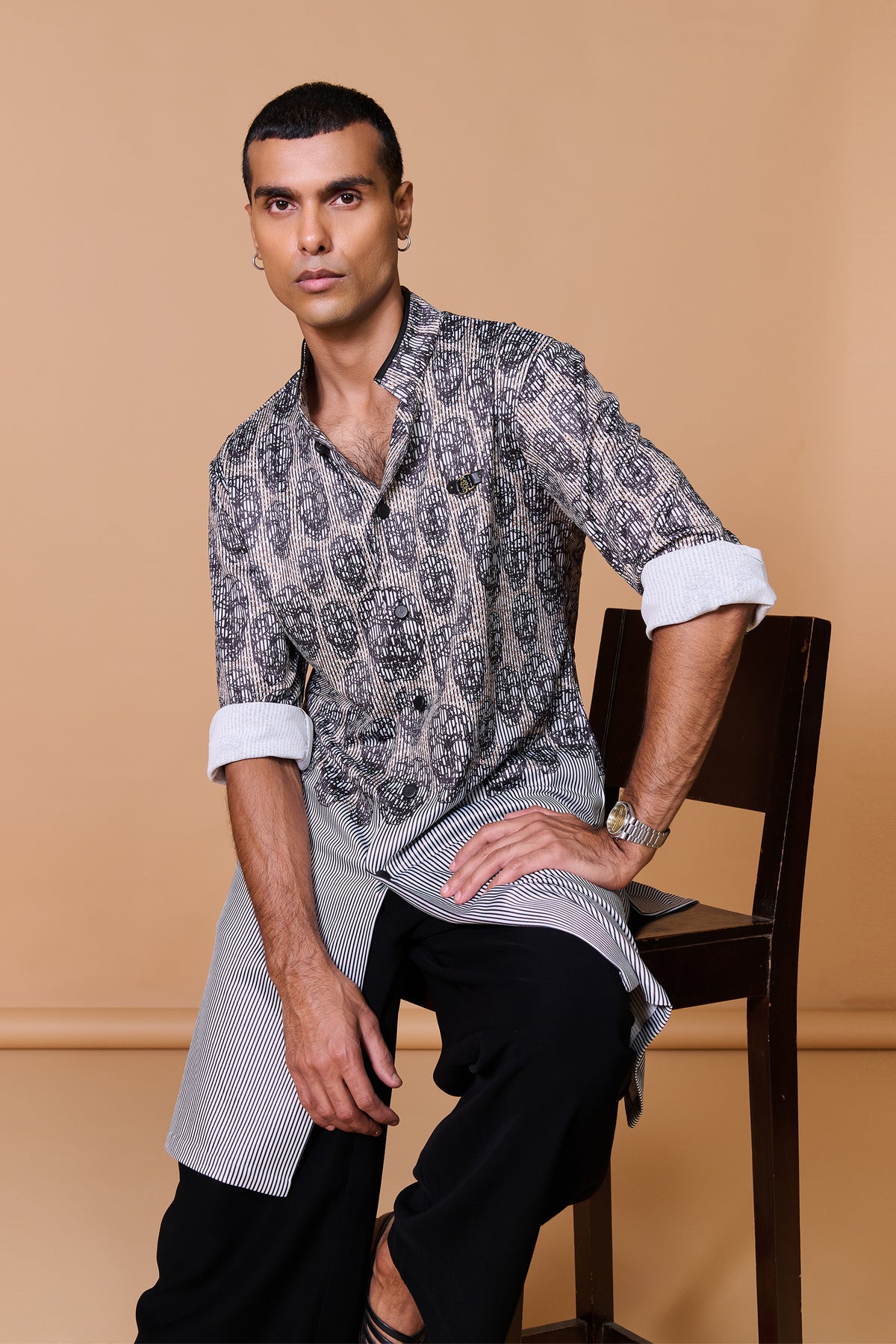 Grey Skull Printed Striped Kurta