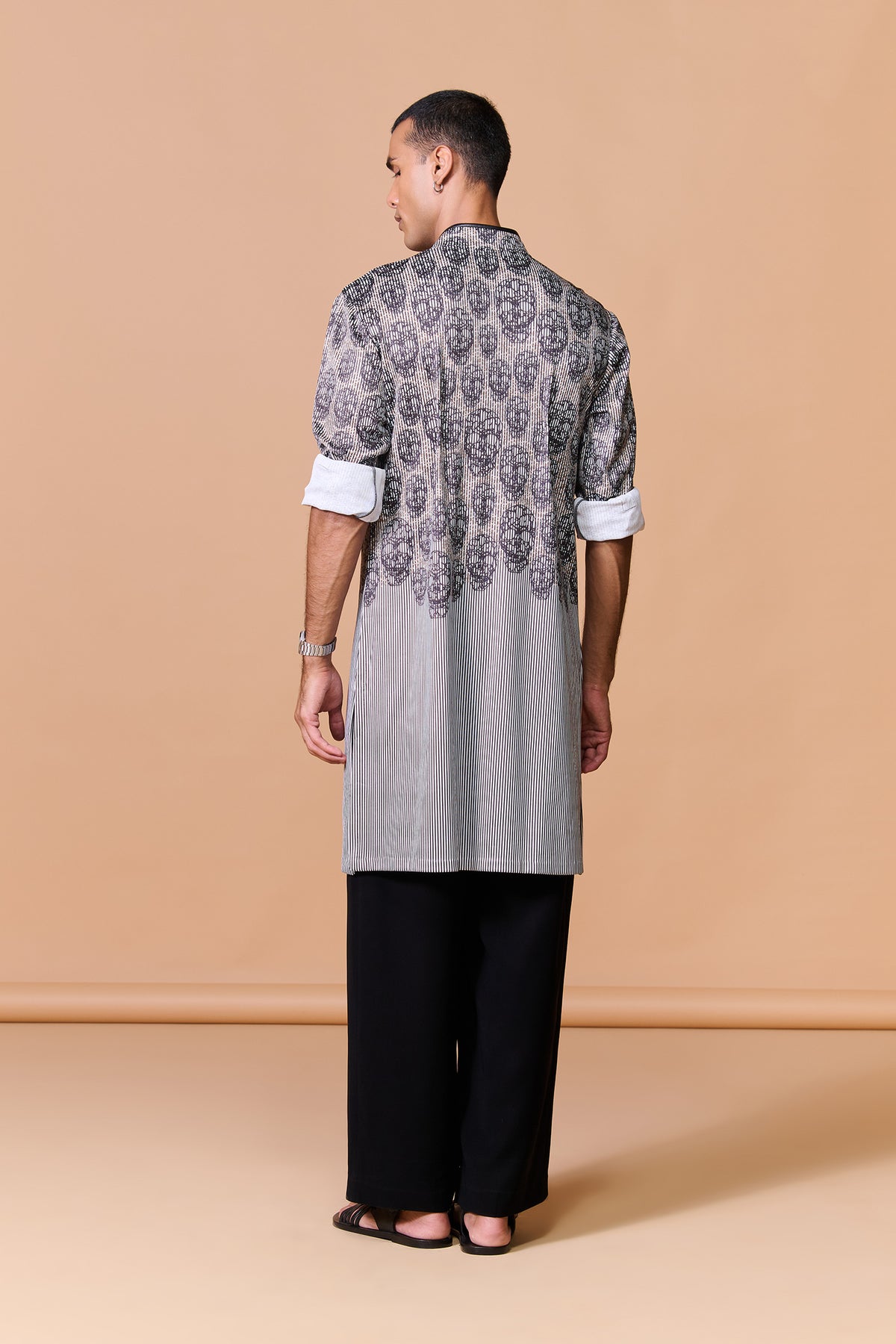 Grey Skull Printed Striped Kurta