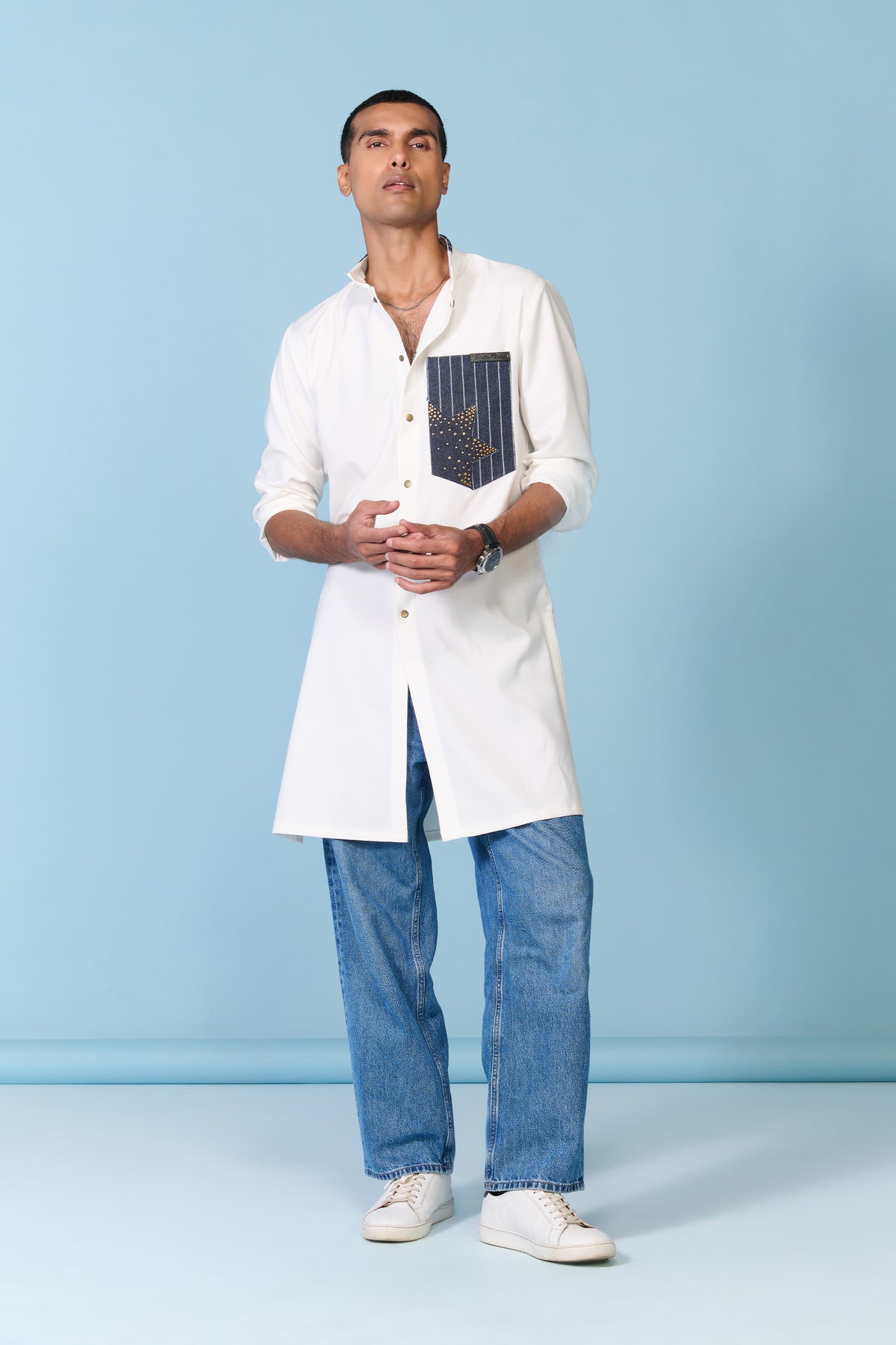 White Kurta with Denim Pocket