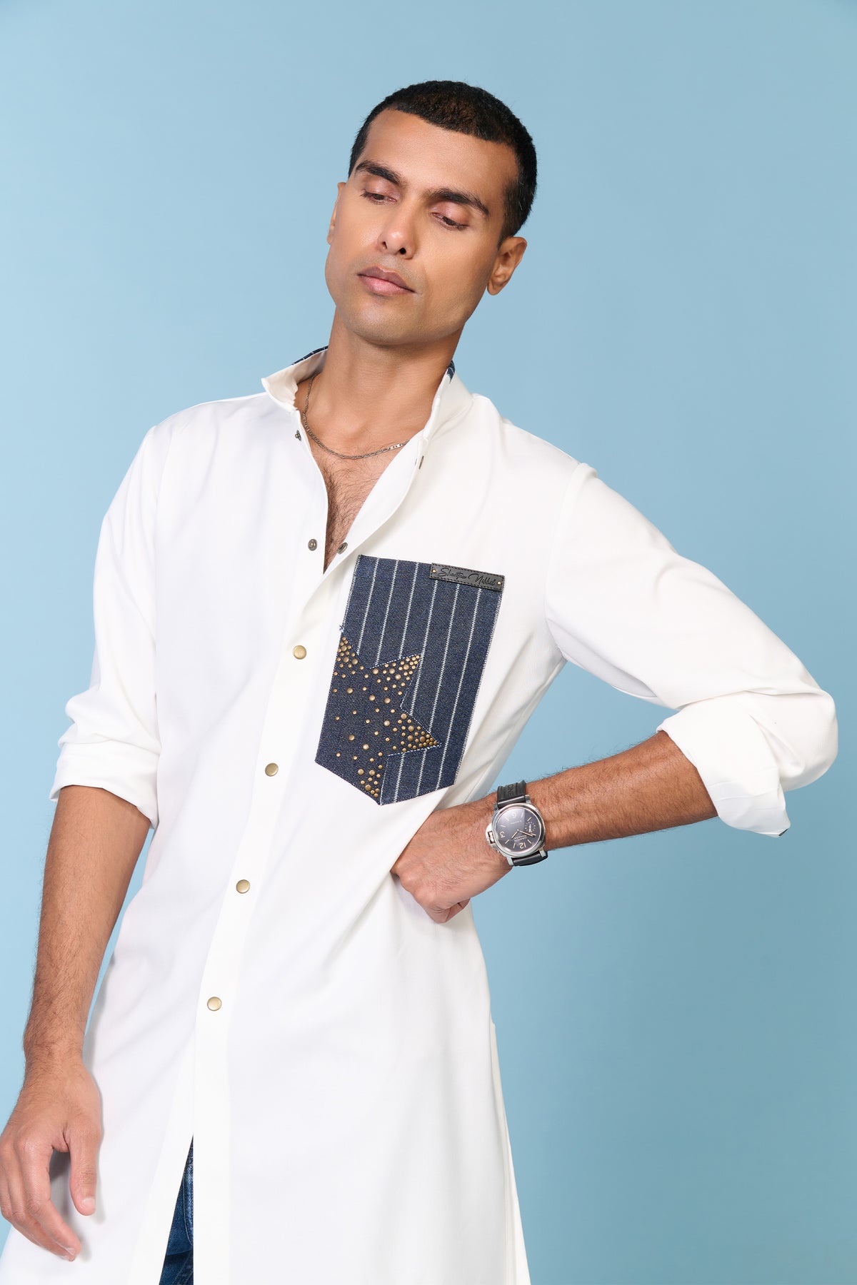 White Kurta with Denim Pocket